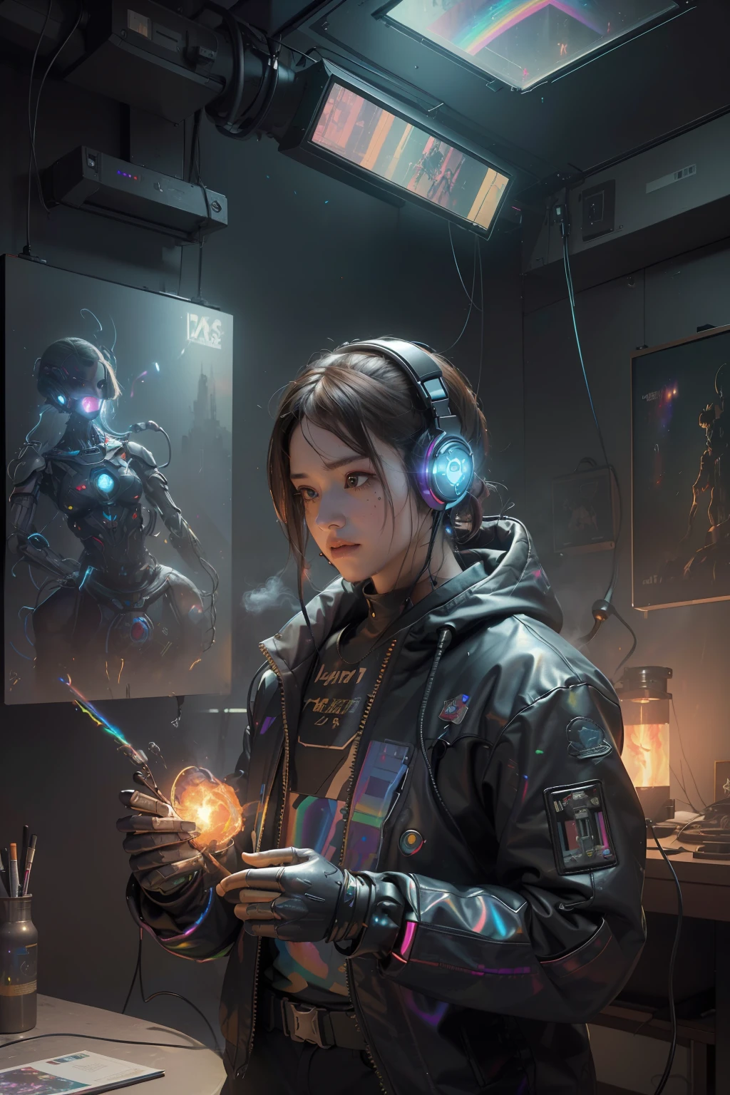 (Masterpiece, Best Quality, High Resolution, Absurd, Detailed: 1.2), Humanoid, Robot, Wearing Headphones, Looking Away, (Cyberpunk, Art Canvas, Brush, Easel, Rainbow Colors, Holographic: 1.6), Male, (Cable, Wire, Flame, Fire, Smoke, Overheating, Explosion, Indoor, Room, Simple Background) detailed,face detailed,