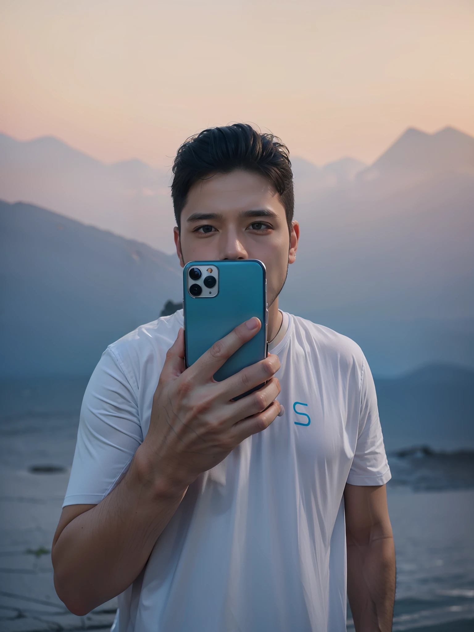 Ultra realistic high resolution 8k, handsome boy, 3D, t shirt white, mobile colour blue, realistic face