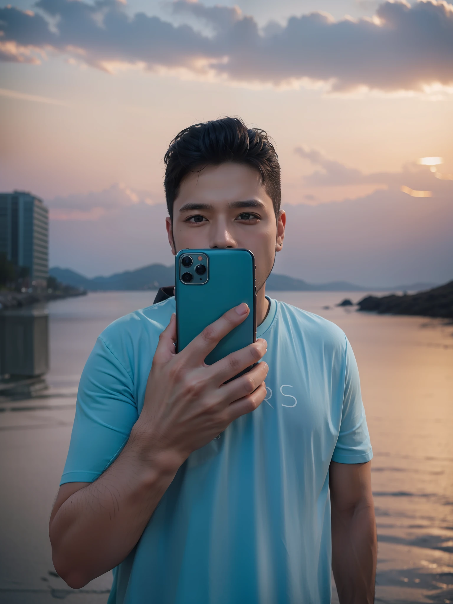 Ultra realistic high resolution 8k, handsome boy, 3D, t shirt color same, blue mobile