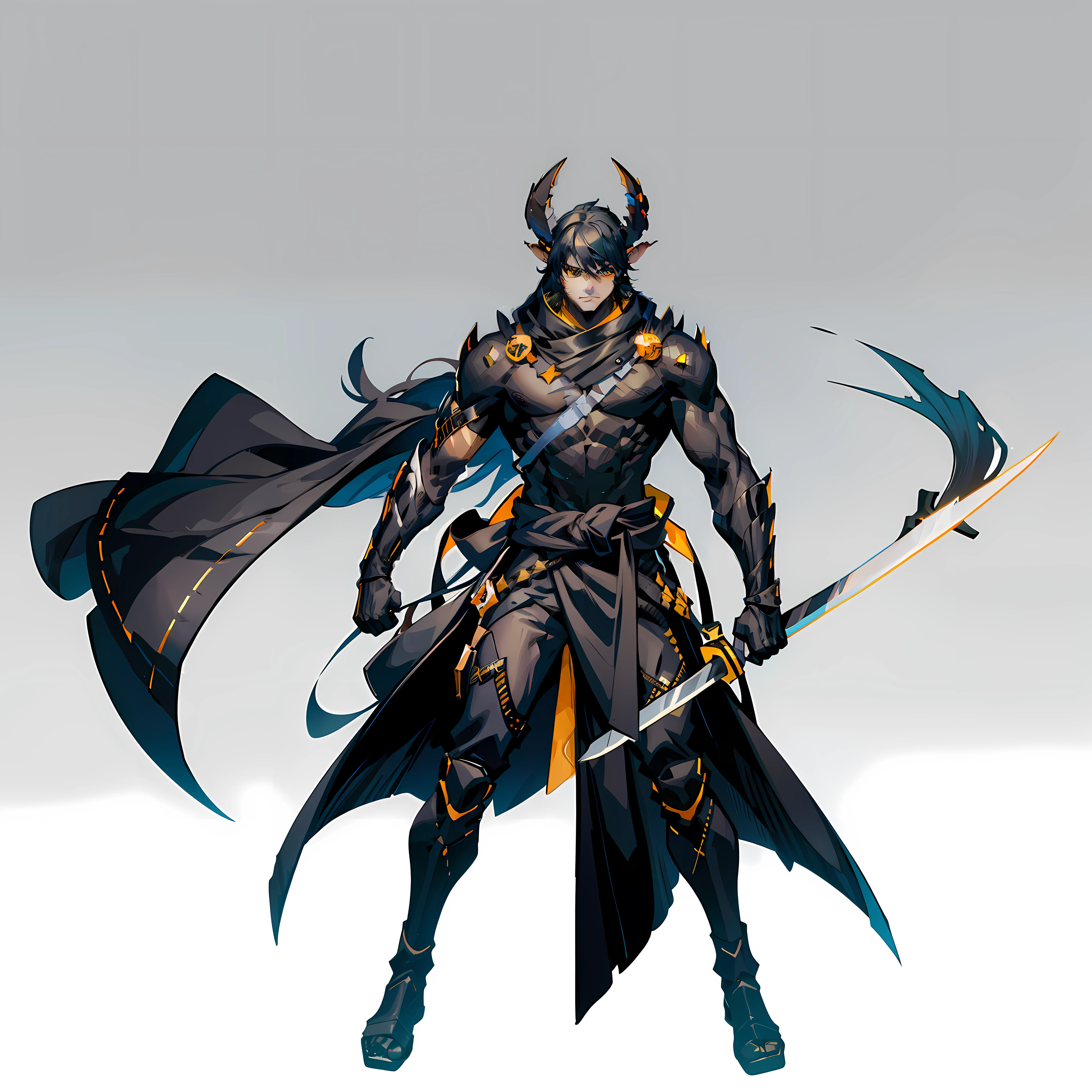 Black, ember, kid, Full body shot, No background, White background, Black skin, Steel-like body, Yellow eyes, Cool, Two horns, hero, skinny, One Person, Upright, Long Japan Sword