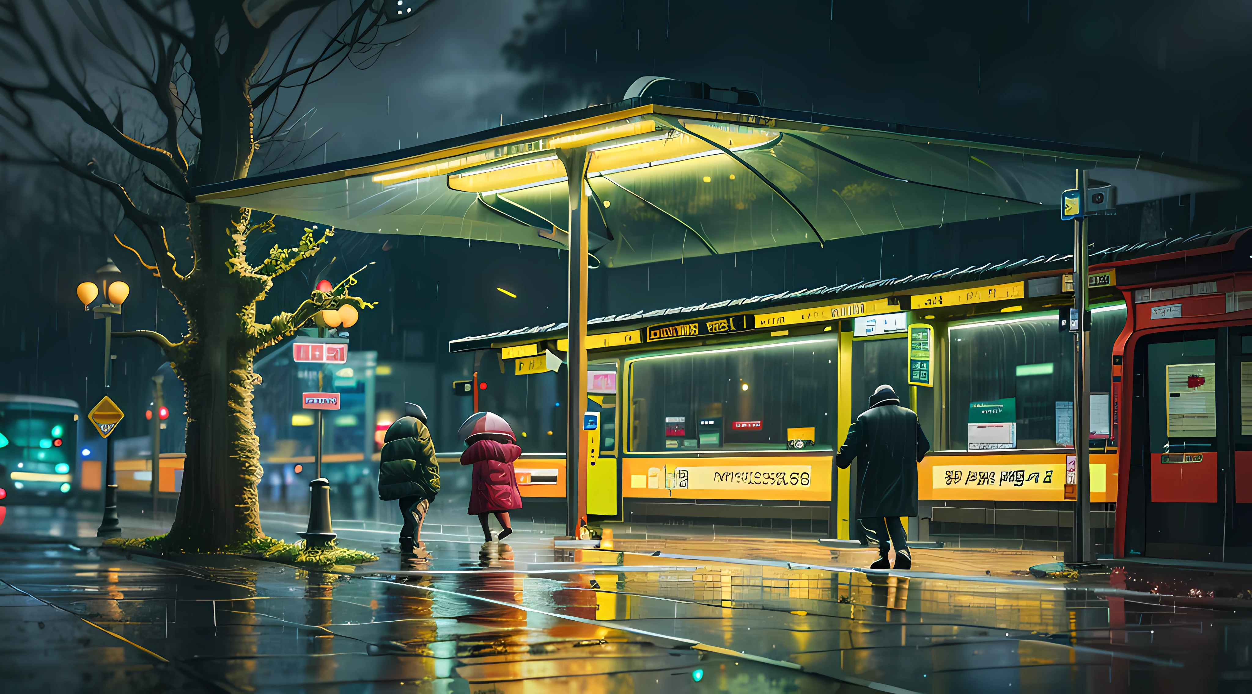 People walking on rainy sidewalks in the rain, bussiere rutkowski andreas rocha, cyberpunk bus stop, Bus stop on rainy days, Dark City Bus Stop, inspired by Liam Wong, Stefan Cordell, author：Mike Winckelman, Bus stop, rainy evening, andreas rocha style, author：Liam Wong, highly detailed digital painting
