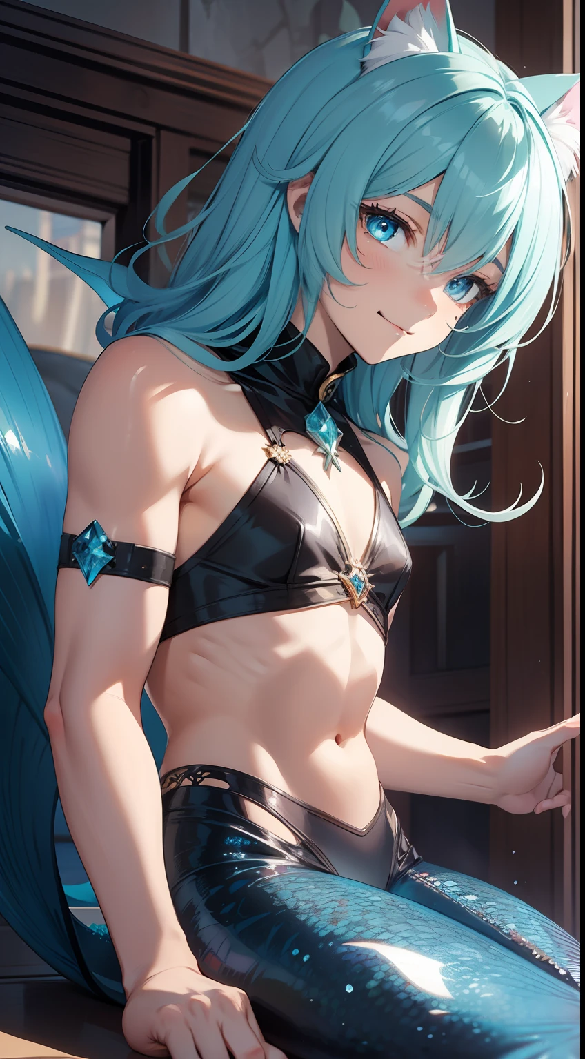 young boy, Long aquamarine hair, cat ears, blue eyes, ssmile, Kale, mermaid, Masterpiece, hiquality