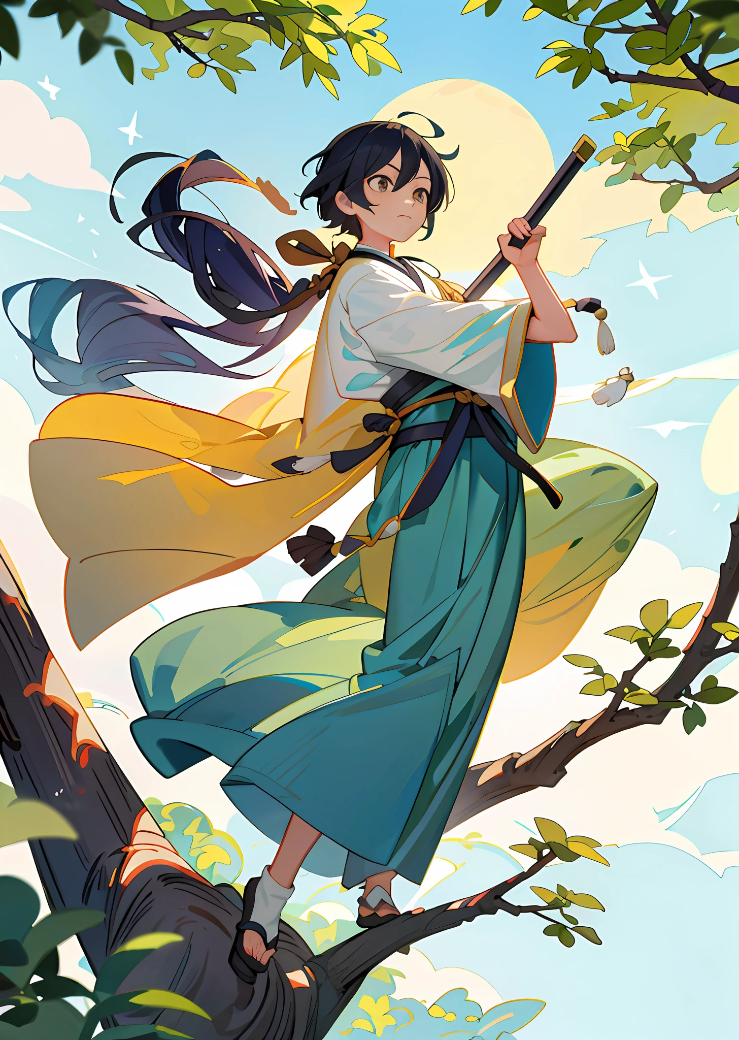 Oversized moon in the background,Under the starry sky, A young boy dressed in Hanfu martial arts world sits on a tree branch,Sword in hand,Wulin first,drink,relaxed,Adults,Height one meter eight,The wide-angle lens is full of martial arts,Saturation bottom,A beautiful artwork illustration,mythological creatures,Beautiful digital artwork,