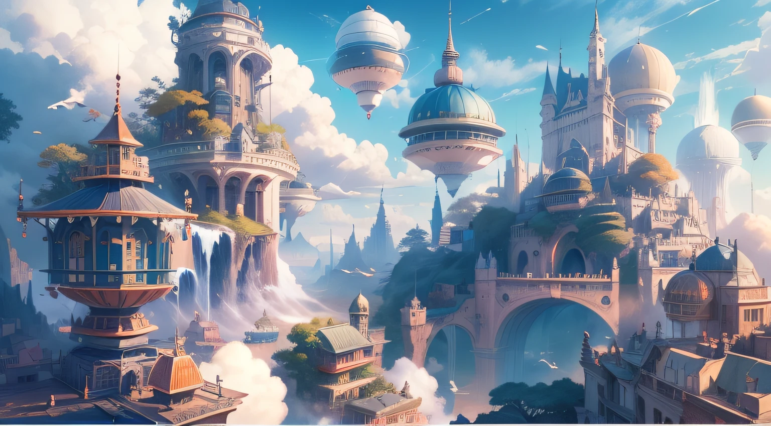 sky cities,Fantastic beautiful CG illustration wallpaper,Best picture quality、Super delicate,A high resolution,with blue sky and white clouds