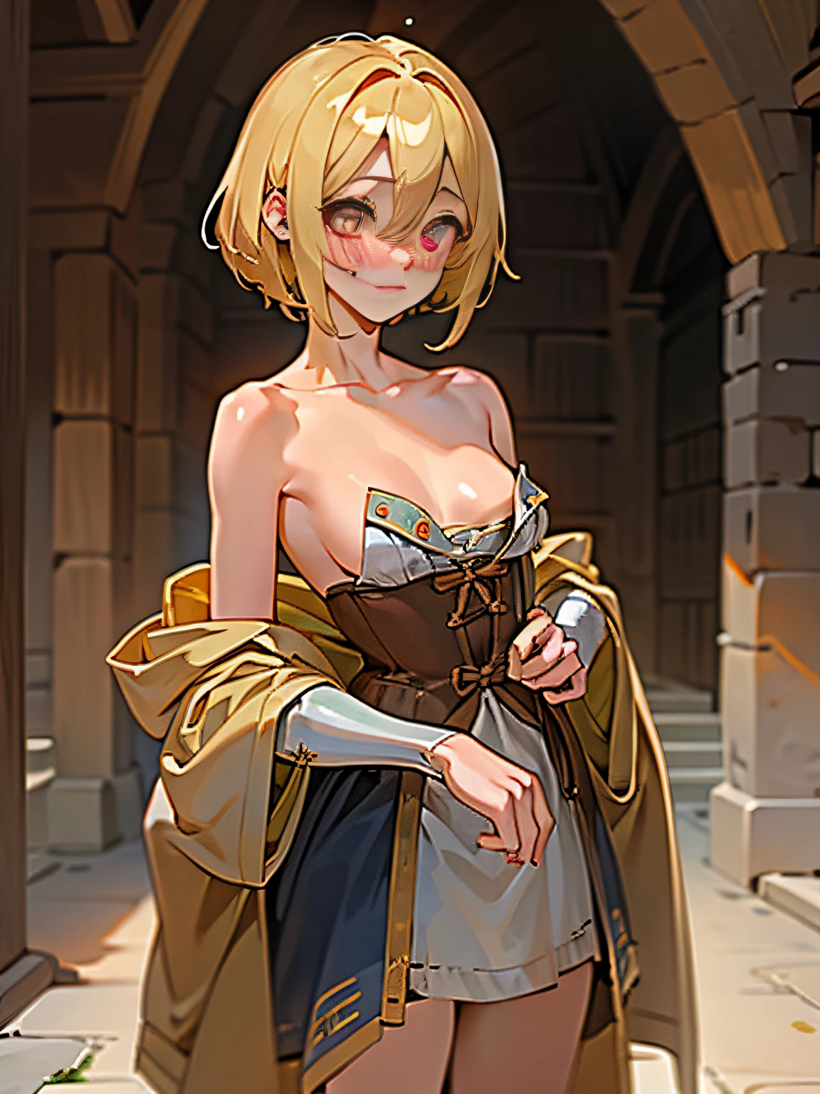 ,Perfect ,don quixote \(limbus company\, seminude、toppless、a beauty girl、mideum breasts、embarrassed from、Depression、blondehair, Short hair, hair between eye, Orange Eyes, (Musketeers in medieval Europe )、