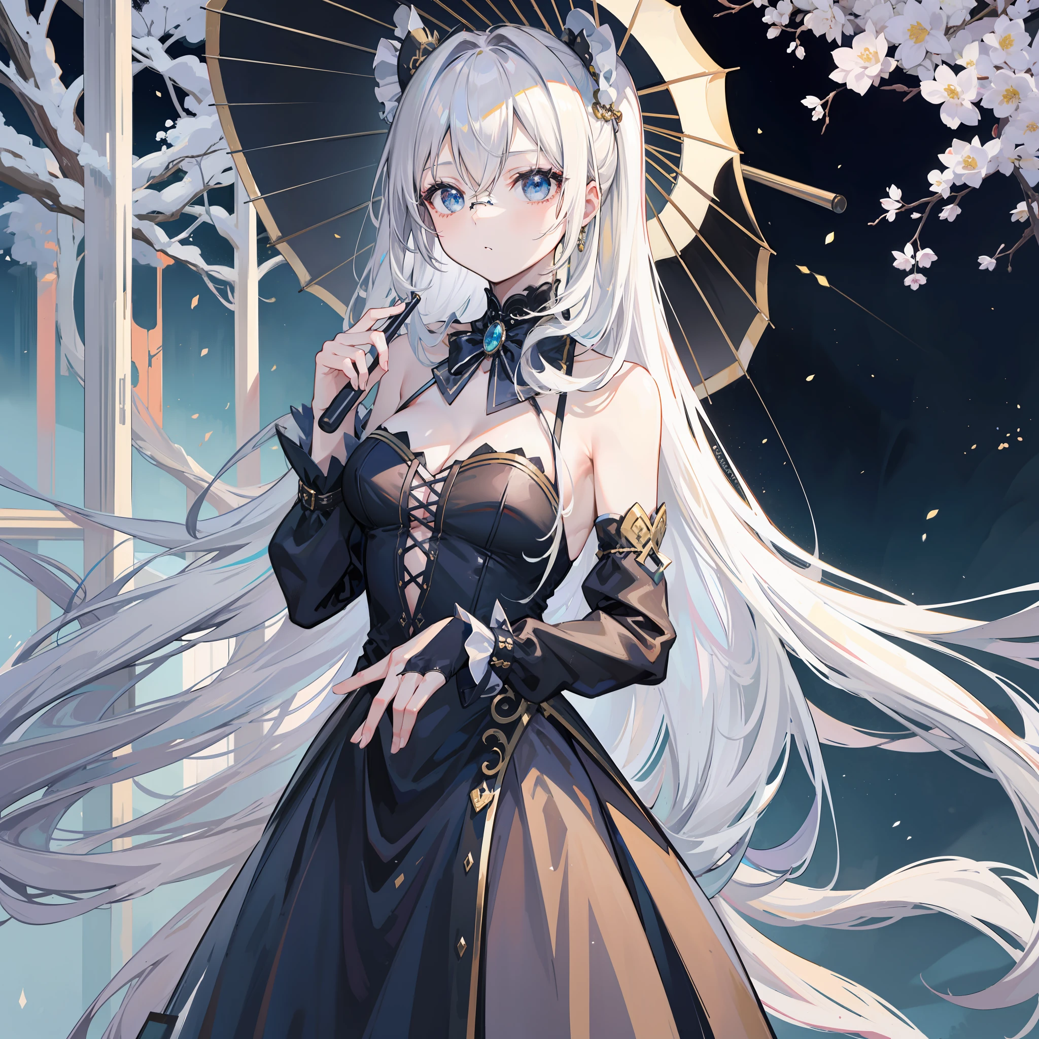 超高分辨率,best qualtiy。Western European classical promenade 1 girl, Long flowing hair alternating silver and black, (Pale skin:1.1), Black evening dress with flowing umbrella on the left hand side, There is a pair of gold-framed glasses, Light blue eyes, Long ponytail, (Place your left hand on the frame:1.2), Looking down, , Rococo,