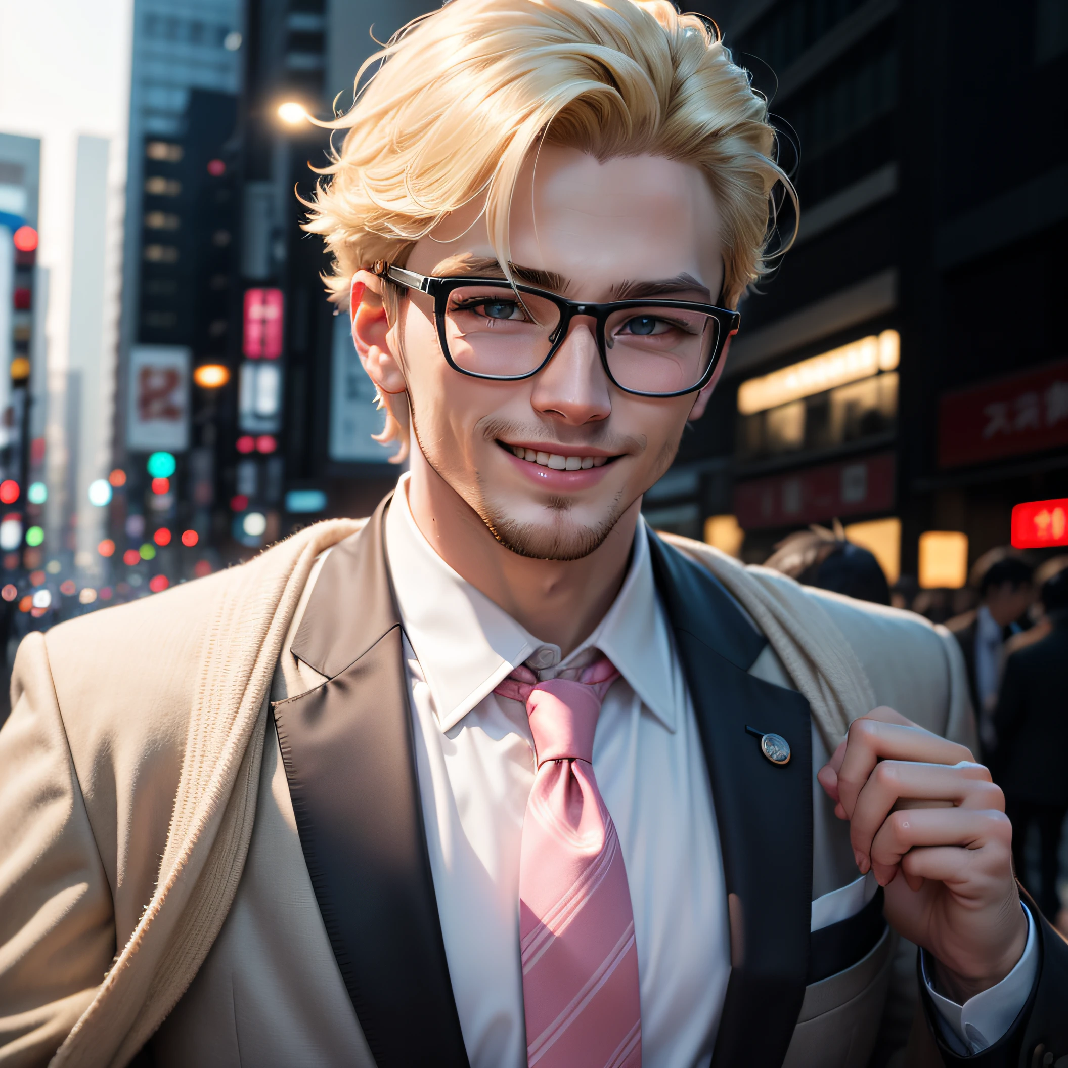 blond man in pink jacket, white tie, head shot, looking at the camera, happy smile, big smile, wearing Armani suites 30 year old man , single man , white frame glasses , in Tokyo , Kabuki cho background, attractive man, attractive male, blond model, all medium blond hair, high res, , handsome male, brown-eyed man, realistic, sharp lighting