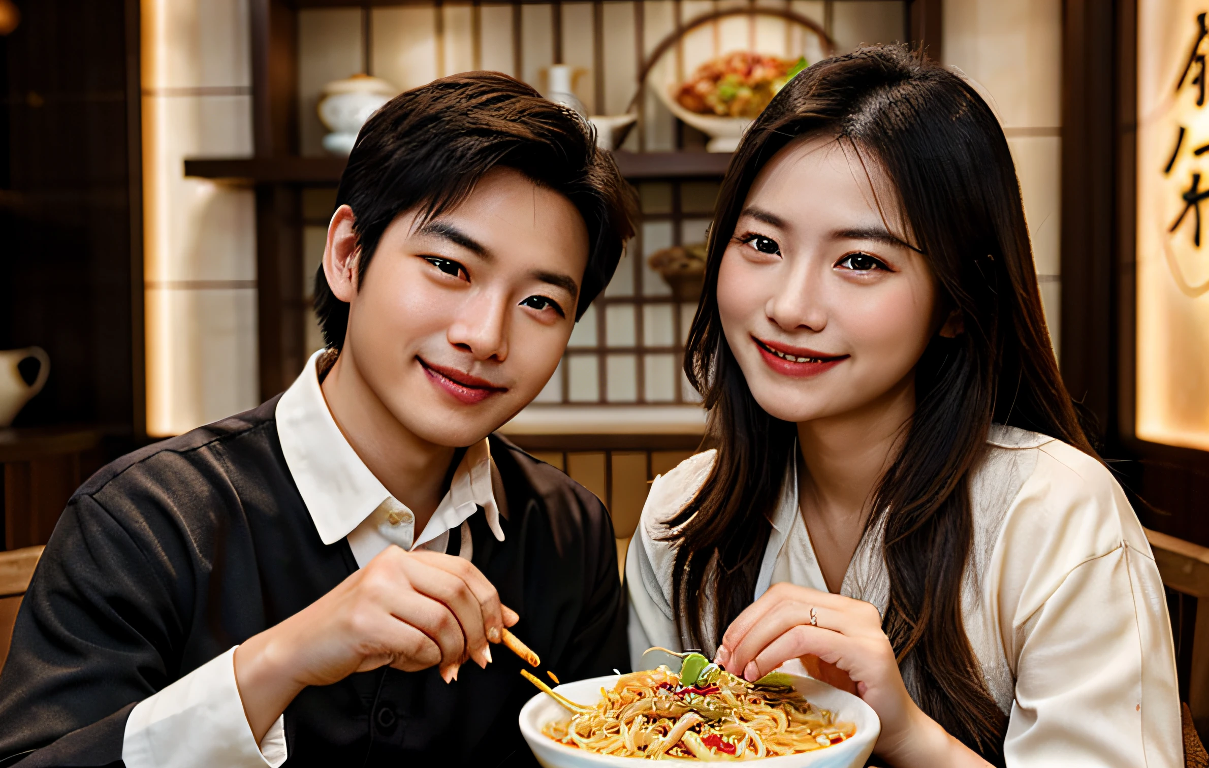 ((Realistic lighting, Best quality, 8K, Masterpiece: 1.3)), (best quality,masterpiece:1.2),(realistic,photo-realistic:1.37), family photo contains 1 Man 1 Woman with 1 child Boy and 1 child Girl , restaurant background,(upper body: 1.2),(smile:1.15),happy face, Beautiful detailed eyes, their face radiating with joy as she savors a small chinese bowl of fried noodles, with a few pieces of soy sauce chicken meat on top of noodles, they are looking for each other and feeling happy.