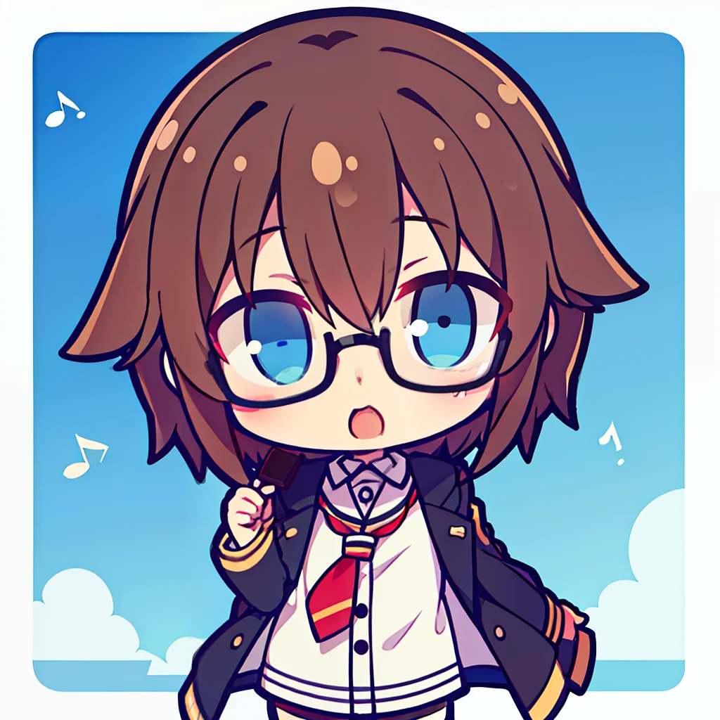 Libido boy,tchibi,Idle,brown hair,blue color eyes,black-frame glasses,Musical elements,Manteau blanc,Sunshine, Adventure, chocolate,White uniform shorts