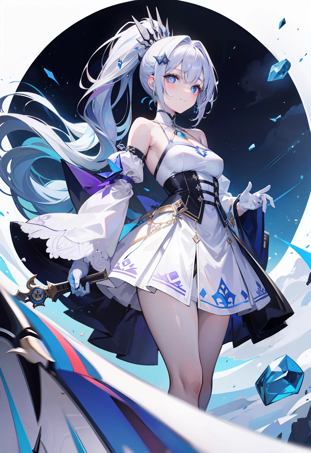 tmasterpiece，best qualityer，Fuller，white  clothes，Superskirt，Purple cloak，1girll，quadratic element，White heels，ssmile，full bodyesbian，With flintlock guns，Slip dress，White color hair，High ponytail，blue hair ornament，Long black hair band，Simple clothing，A plump chest，ssmile，Expose the collarbone，a black skirt，There are white trims on the skirt，Pedras preciosas，No sleeves，White gloves，blue color eyes，Four corner pupils，Breasts，Gemstone fragments，white color hair，fond violet