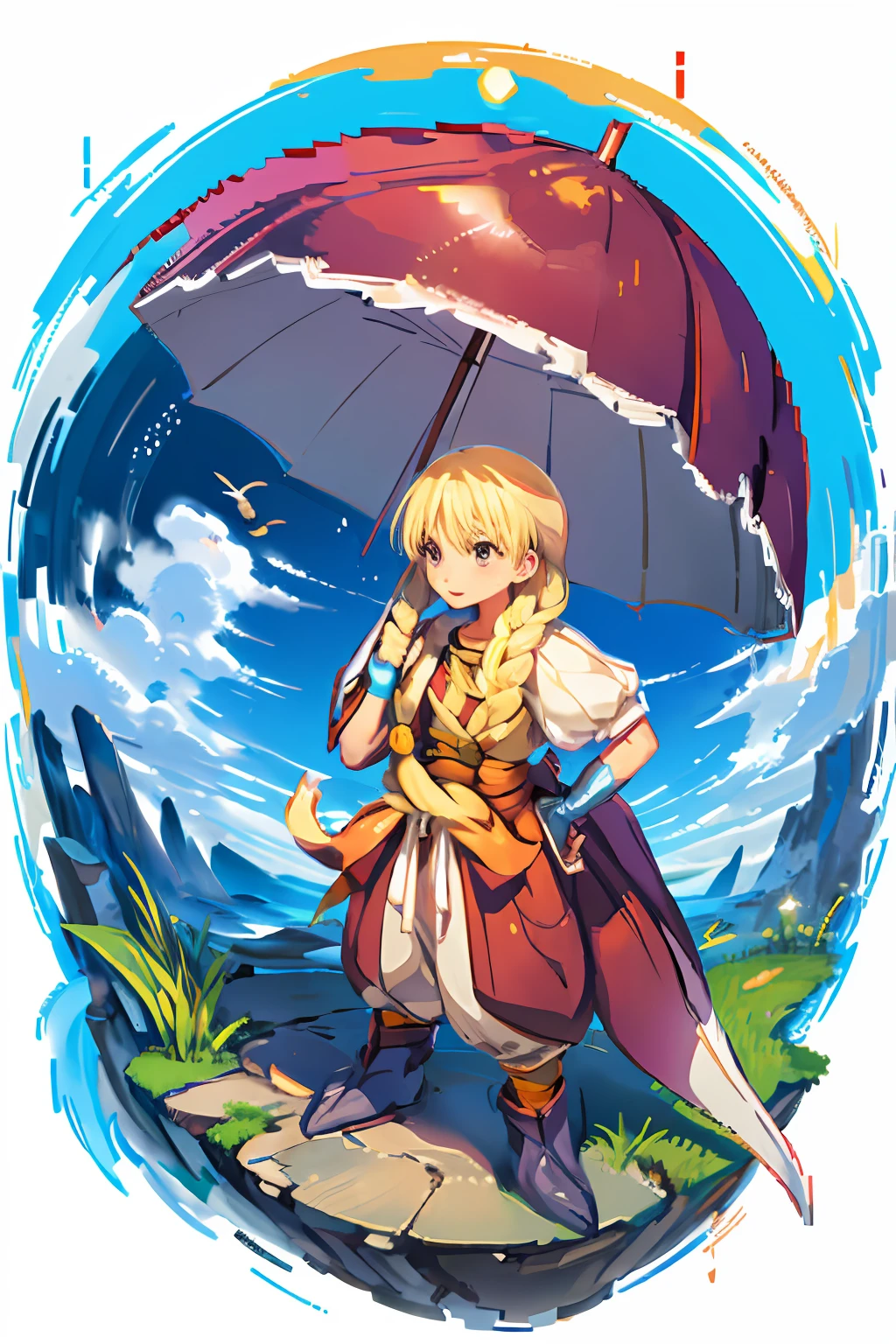 (pixel, pixel art), fantasy rpg, 1girl, holding umbrella in the rain, (watercolor), (pastel shades), final fantasy tactics, chrono trigger, fantasy character portrait,