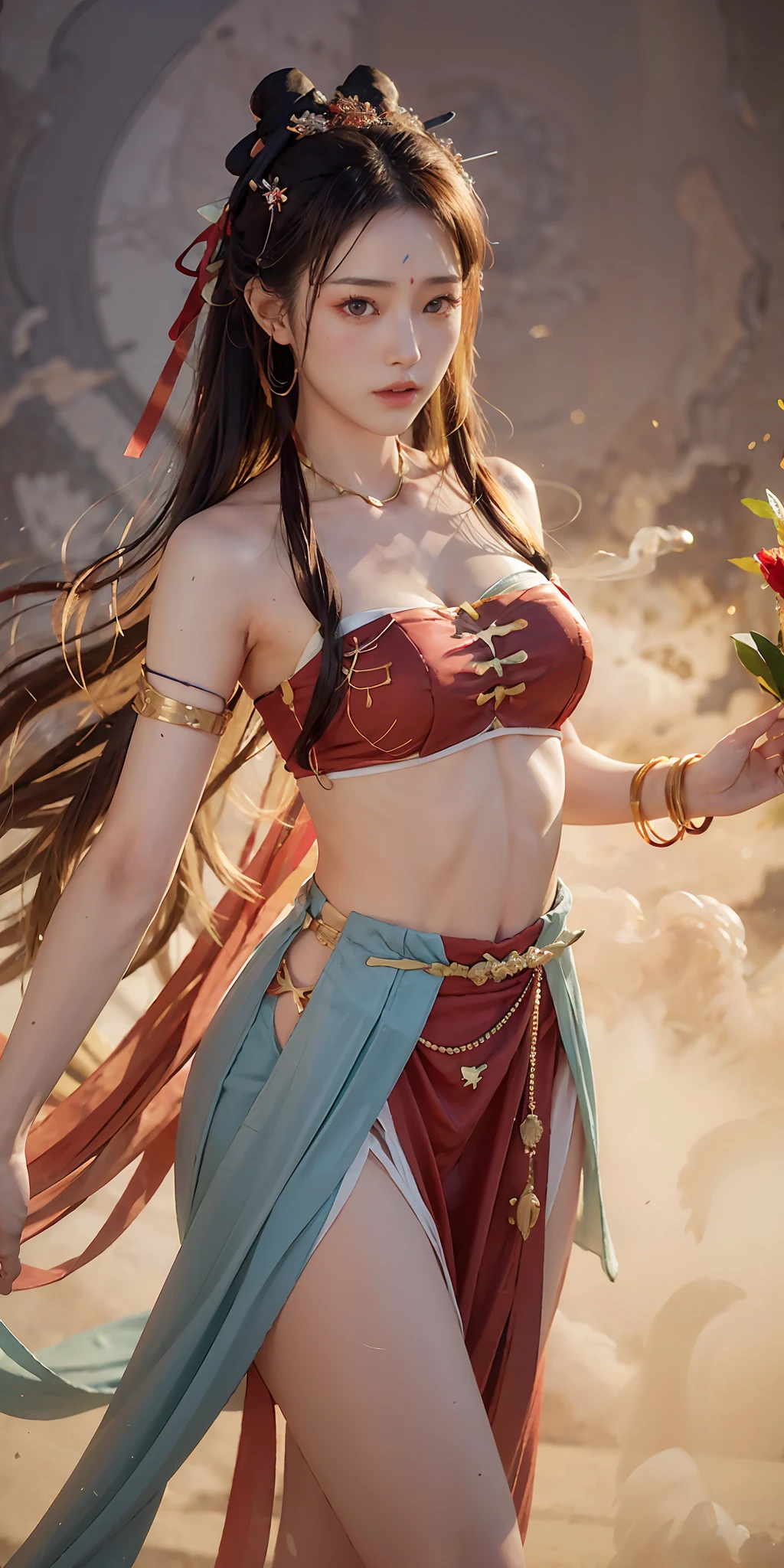 1girl, Dunhuang flying costume, messy long hair, zydG, Dunhuang style, lots of smoke, superb, elegant colors, red ribbon, long skirt, high split end, exposed thighs, realistic, high detail, masterpiece, super detailed, dynamic angle, mural background, ink, amazing, movie lighting, illustration, chiaroscuro, backlight, god light, best quality, best quality, anatomically correct, surrealism, drop shadow, anaglyph, stereogram, tachi-e, pov, atmospheric perspective, 8k, super detail, ccurate, best quality, anatomically correct, high details, best quality, high quality, highres