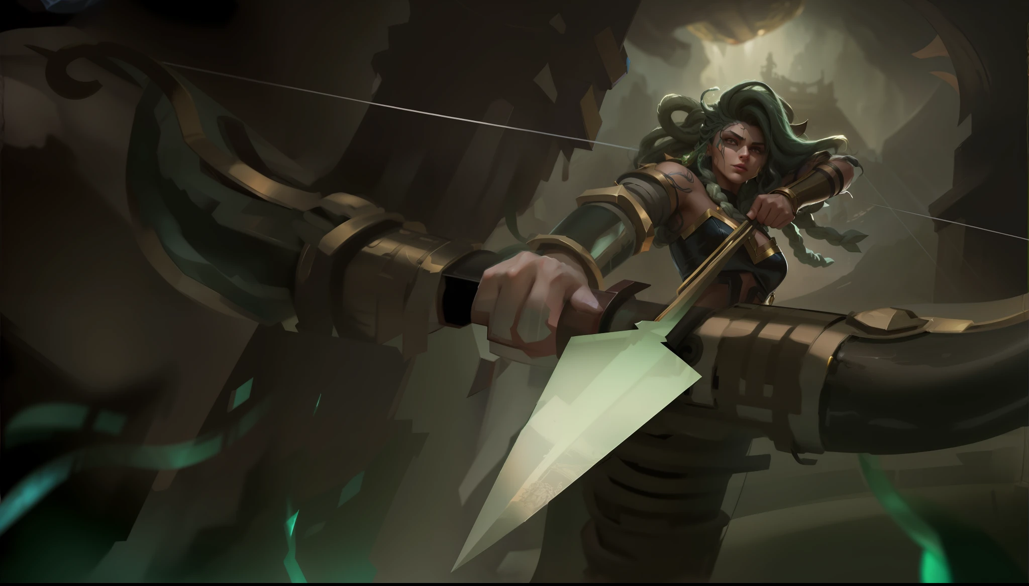 there is a Medusa with a bow and a bow in his hand, amazing portrait of viego, riot games concept art, league of legends style art, league of legends concept art, fan art, painted as a game concept art, zenra taliyah, character splash art, 8 k hd wallpaperjpeg artifact, 8k hd wallpaperjpeg artifact