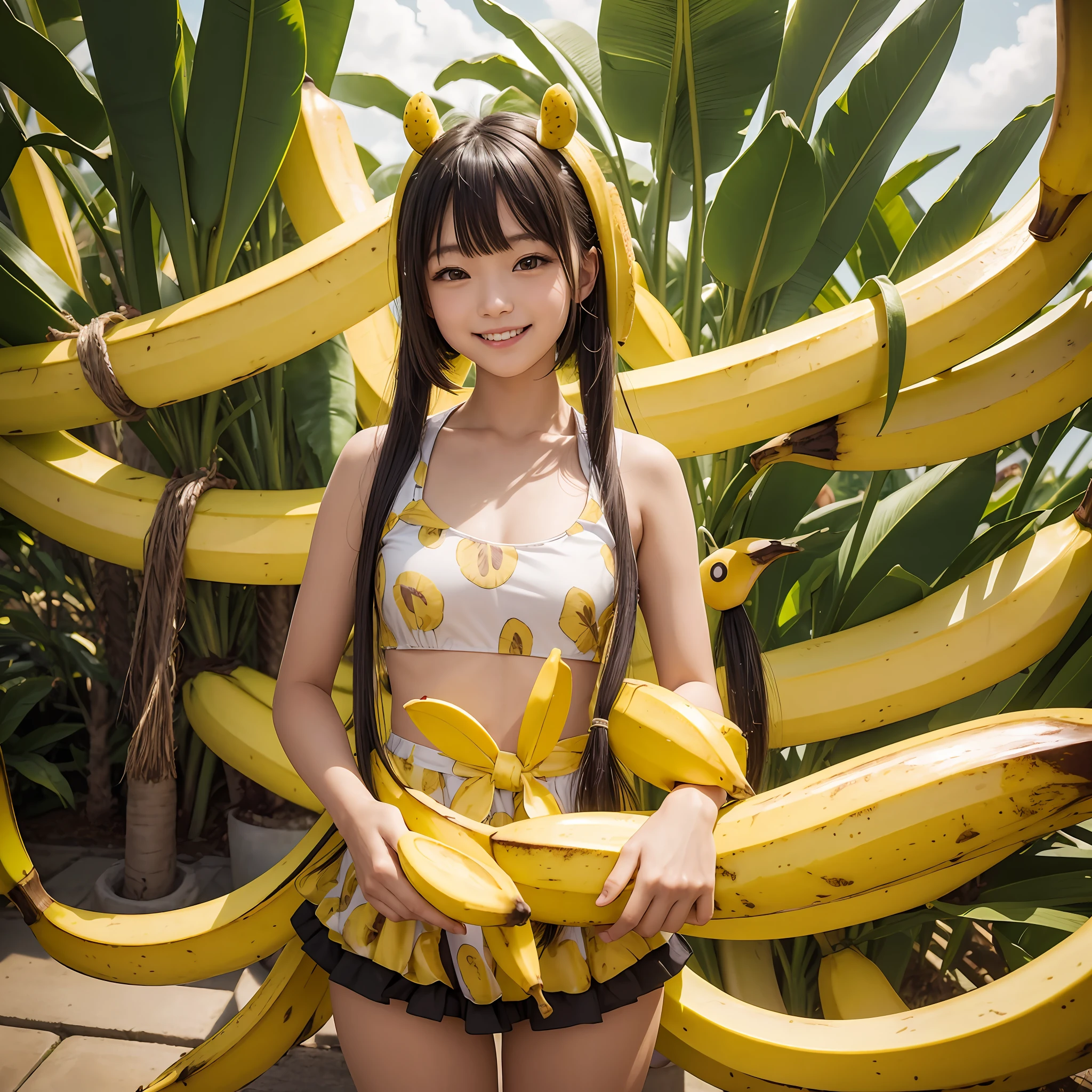 ​masterpiece、top-quality、realisitic、Photorealsitic、Banana-themed paradise、 Japan woman in cute costume with banana motif、Banana Accessories、eating banana、Surrounded by lots of bananas、Banana plantation、Bright décor、A smile、Joy、dynamic ungle、动态照明