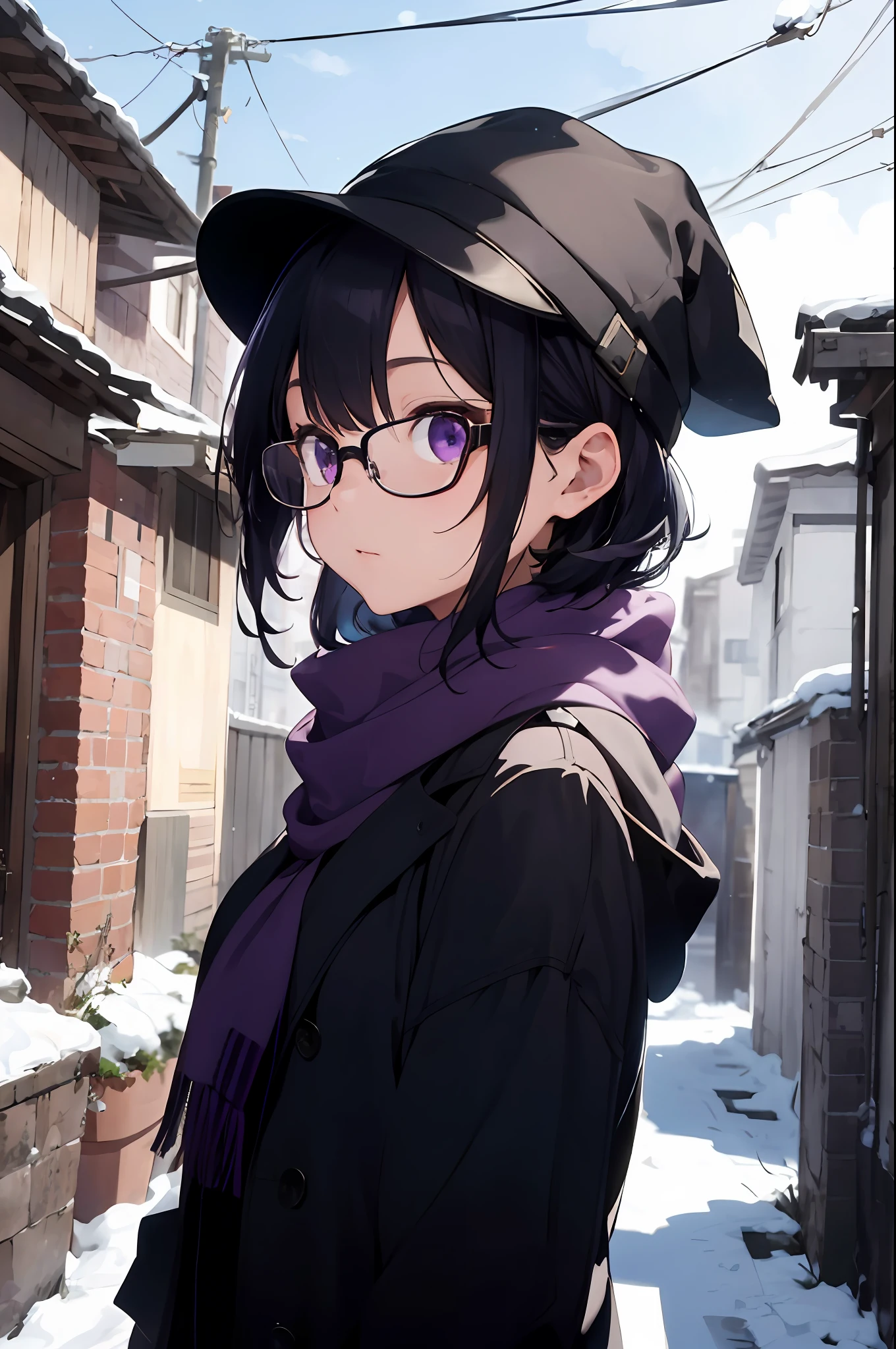 Girl with short purple-black hair,Fisheye view,high and cold,Black round-rimmed glasses,Black scarf,In a beautiful background,Under the eaves,Suffocating cohesion,Quiet,The visuals are very good,impactful feeling,slender girl,Black hat