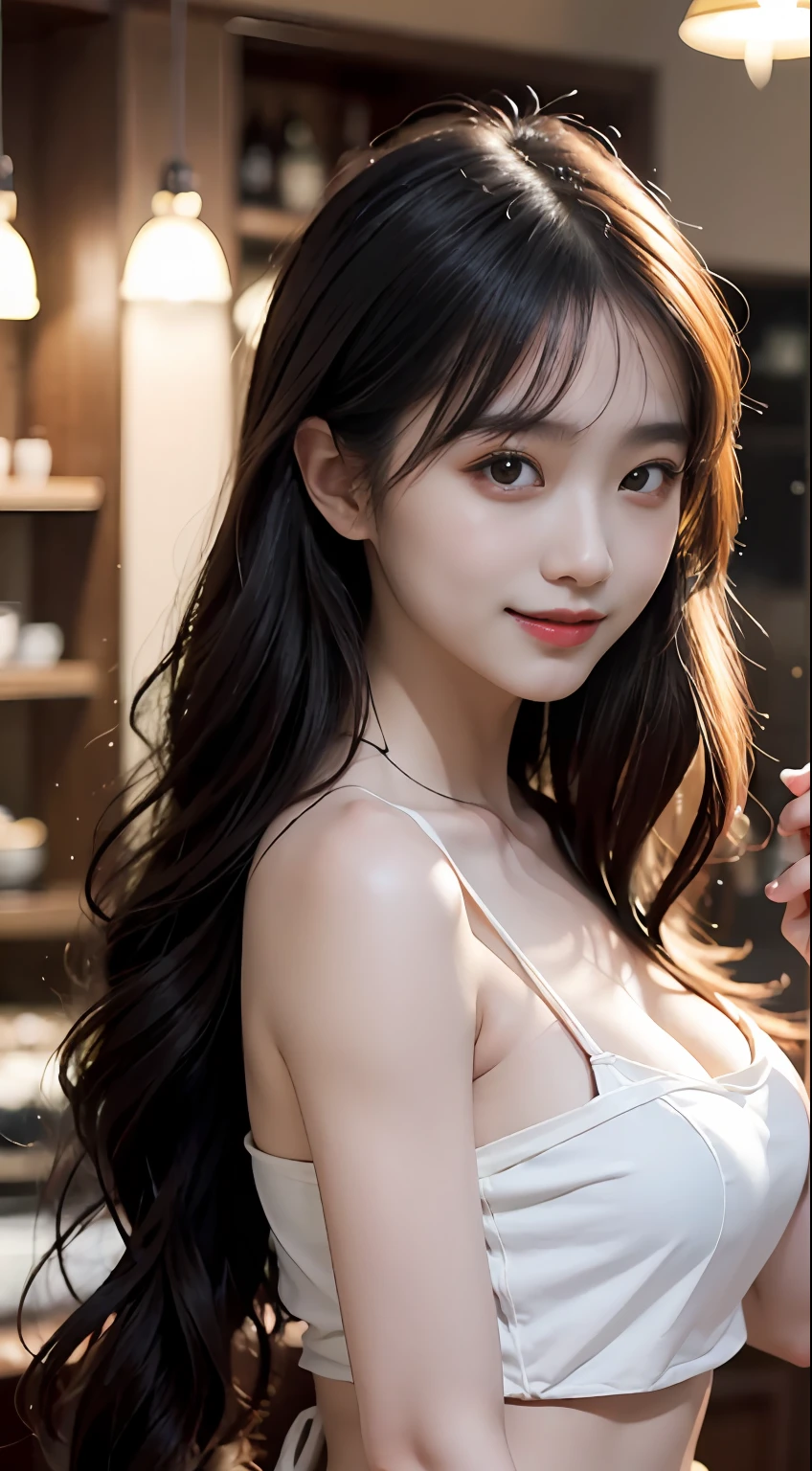 best qualtiy，tmasterpiece，超高分辨率，（真实感：1.4），RAW photogr，1girll，asiagirl，cropped shoulders，long whitr hair，ssmile，Bust，coffeehouse，warm lights