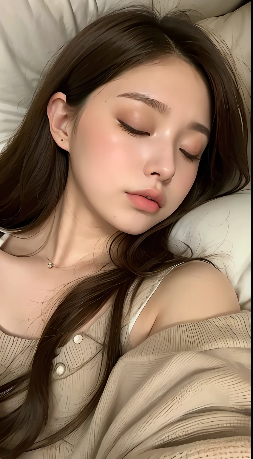 Sleeping girl,22 year old,realisticlying,no clothes are worn,brown hair。