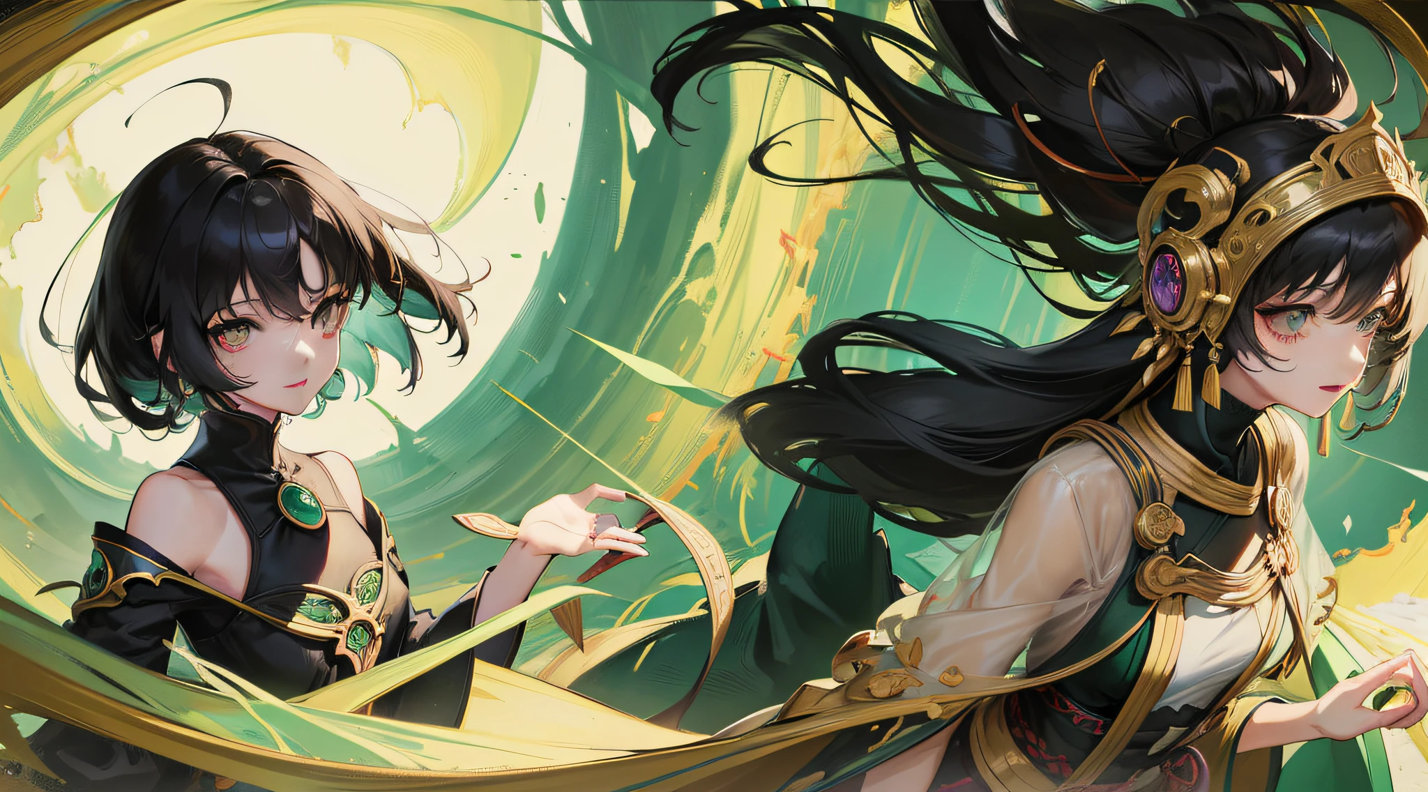 Black hair, kanzashi, covering ears, Light smile, surrealism,, stereograms, tachi-e, angle of view, Atmospheric perspective, romanticism lain, Verism, Wide-angle, Super detail, ccurate, Best quality, A high resolution，green color