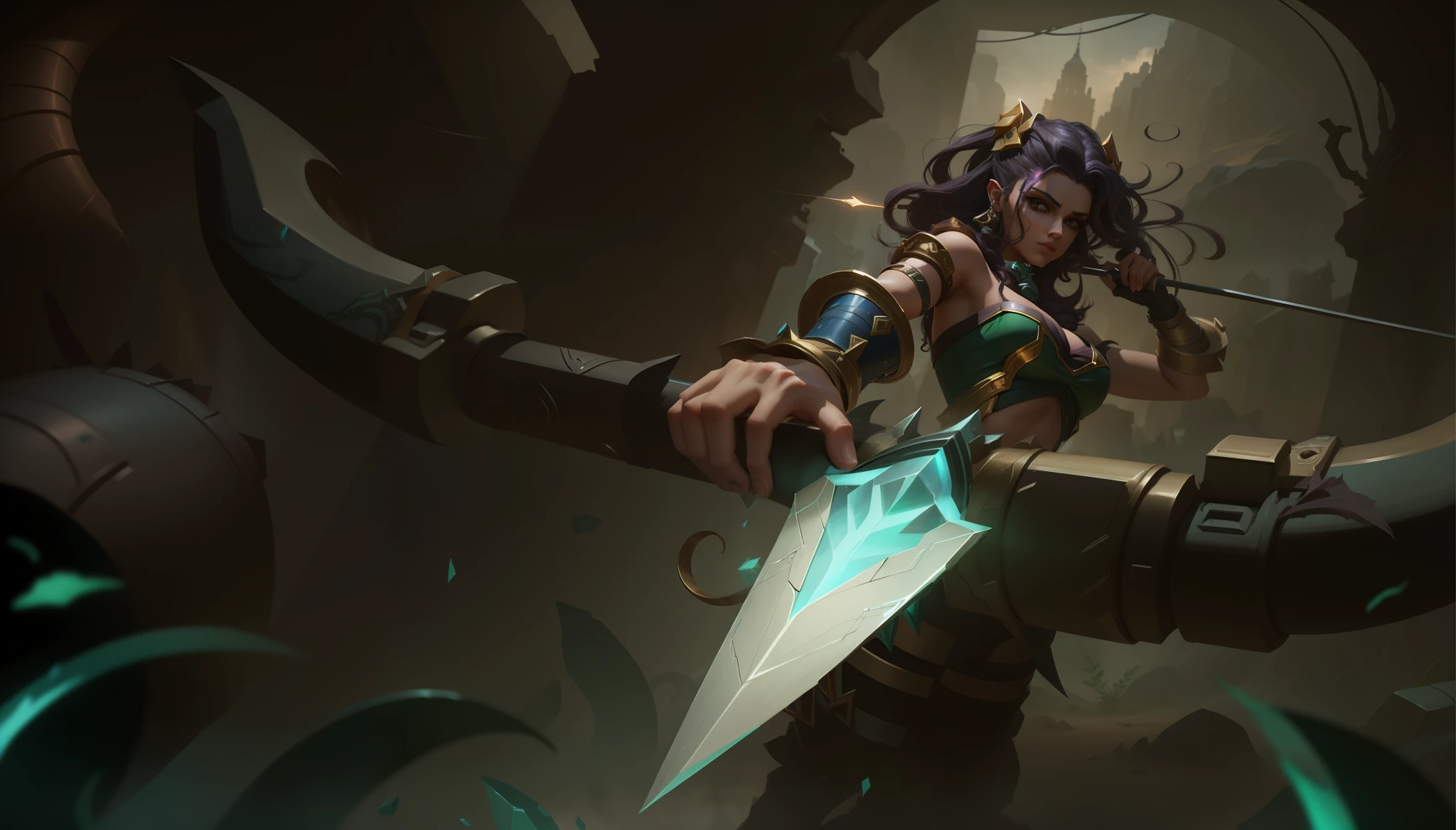 there is a Medusa with a bow and a bow in his hand, amazing portrait of viego, riot games concept art, league of legends style art, league of legends concept art, fan art, painted as a game concept art, zenra taliyah, character splash art, 8 k hd wallpaperjpeg artifact, 8k hd wallpaperjpeg artifact