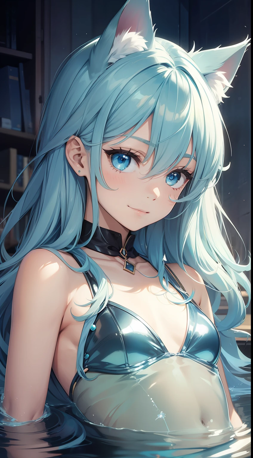 young boy, Long aquamarine hair, cat ears, blue eyes, ssmile, open body, mermaid, Masterpiece, hiquality
