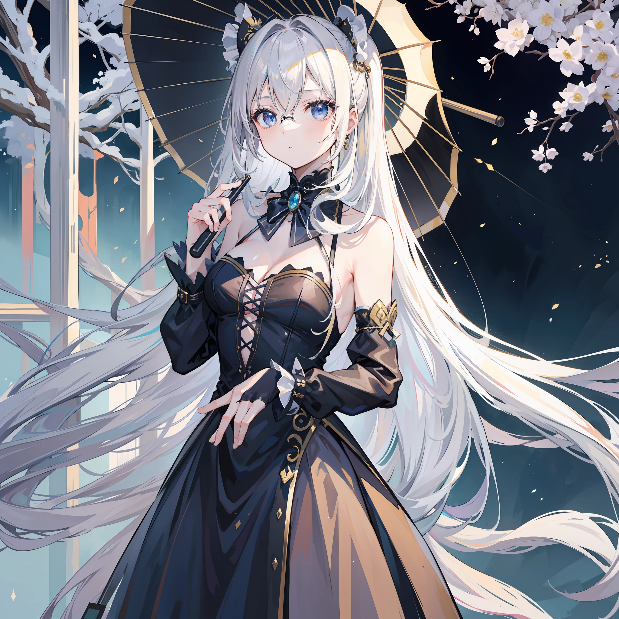 超高分辨率，best qualtiy。Western European classical promenade 1 girl, Long flowing hair alternating silver and black, (Pale skin:1.1), Black evening dress with flowing umbrella on the left hand side, There is a pair of gold-framed glasses, Light blue eyes, Long ponytail, (Place your left hand on the frame:1.2), Looking down, , Rococo,