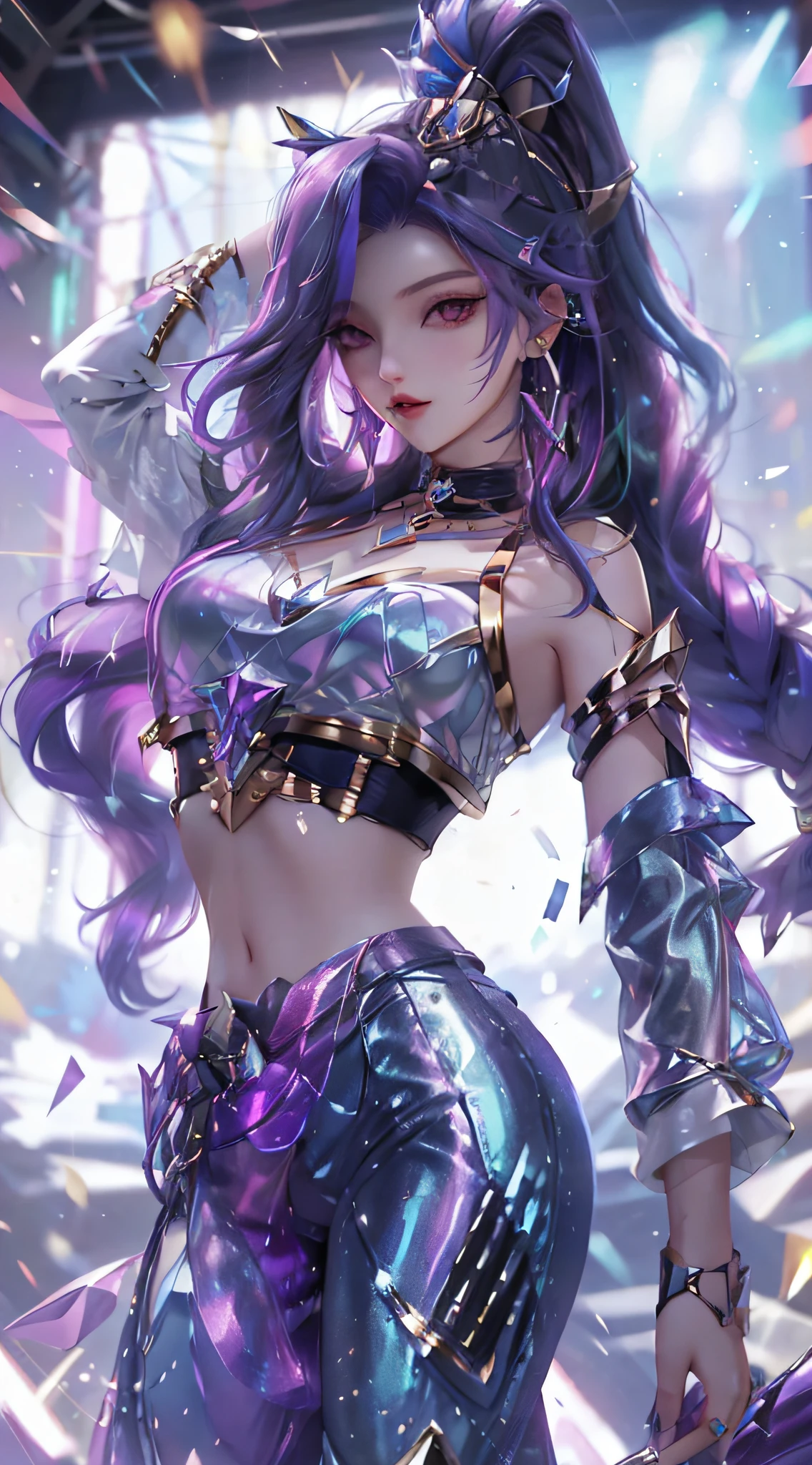 best quality, 1girl, solo, long hair, looking at viewer, multicolored hair, earrings, detached sleeves, midriff, pants, k/da \(league of legends\)