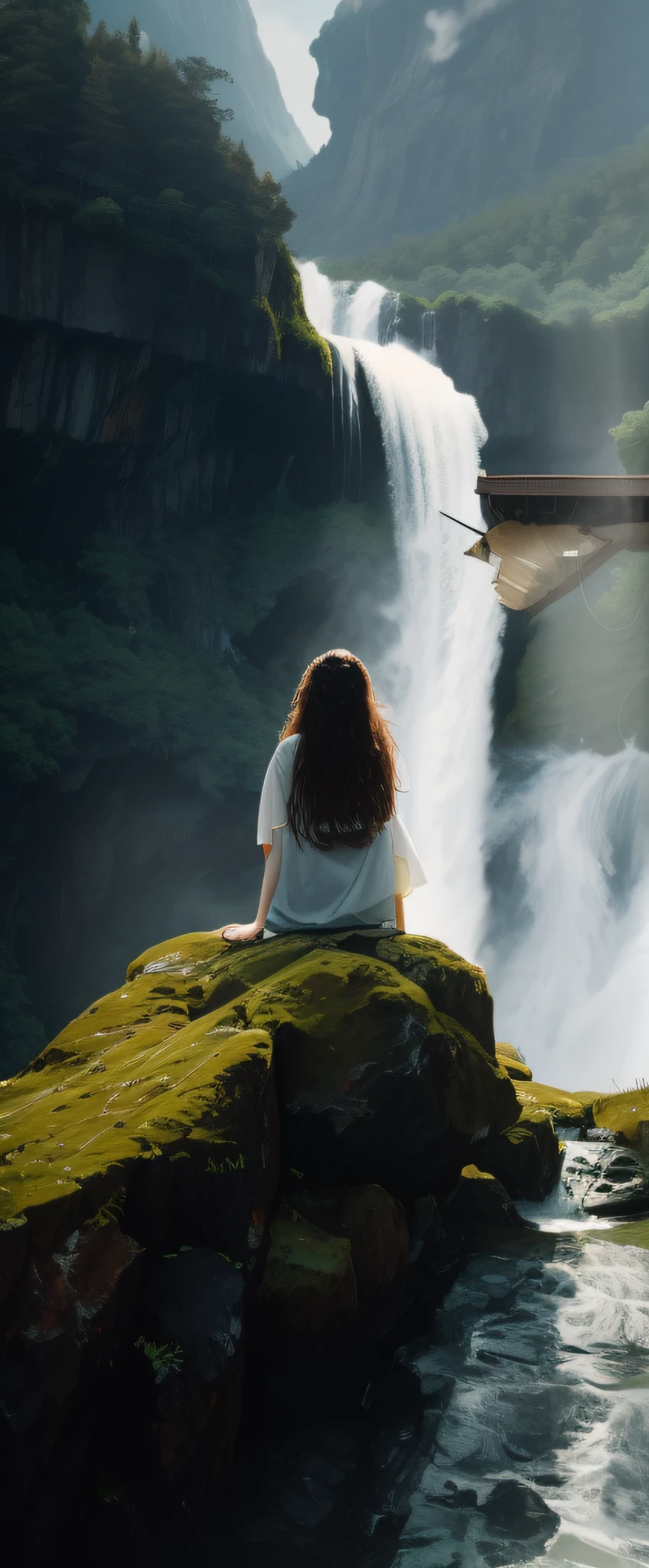 There is a woman sitting on a rock looking at the waterfall, next to a waterfall, waterfall in background, standing close to waterfall, waterfall in background, with a waterfalls, Solitude under the waterfall, standing in front of a waterfall, with waterfalls, standing in a waterfall, waterfall in background, in the middle of nature, flowy hair standing on a rock, onthe mountain