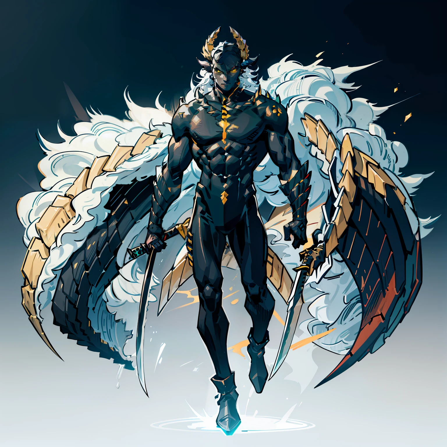 Black, ember, kid, Full body shot, No background, White background, Black skin, Steel-like body, Yellow eyes, Cool, Two horns, hero, skinny, One Person, Upright, Long Japan Sword, wide shot,
