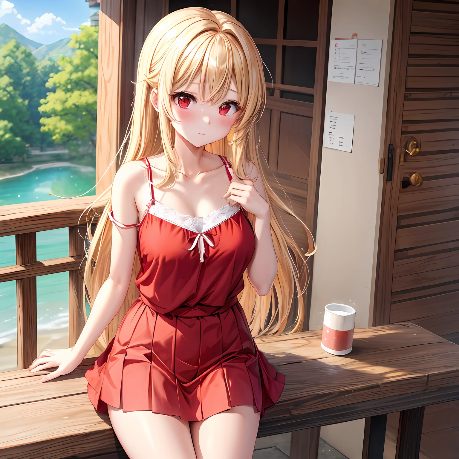 a blond、red eyes、One pretty girl、独奏、animesque、camisole、a miniskirt、red blush、