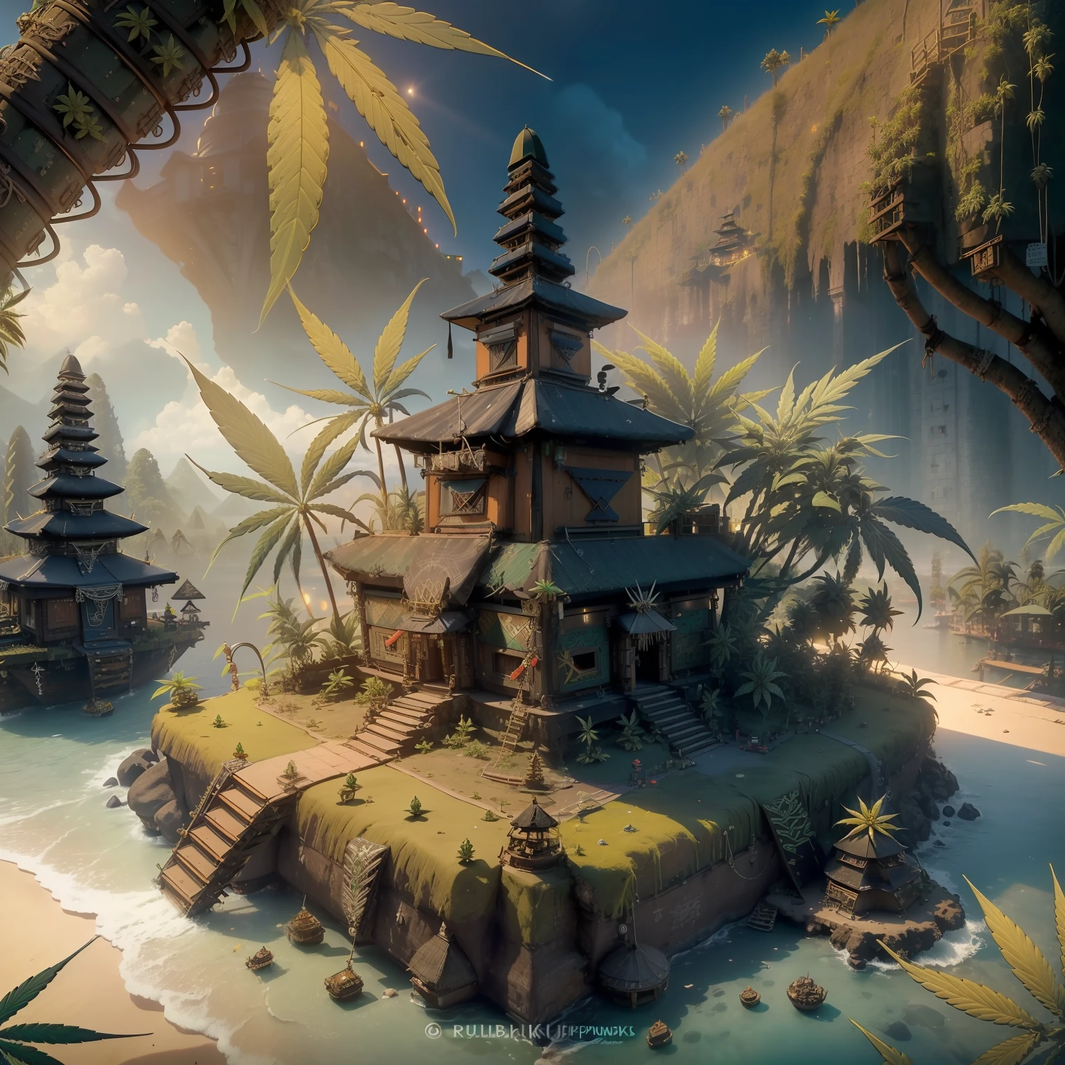 mini\(ttp\), (8k, RAW photo, best quality, masterpiece:1.4),(cannabispunk:1.5),Lots of connecting pipes,(balipunk:1.5),(balipunk light:1.2),on desk,in a miniature box,isometric, miniature, landscape on foundation, park landscape,