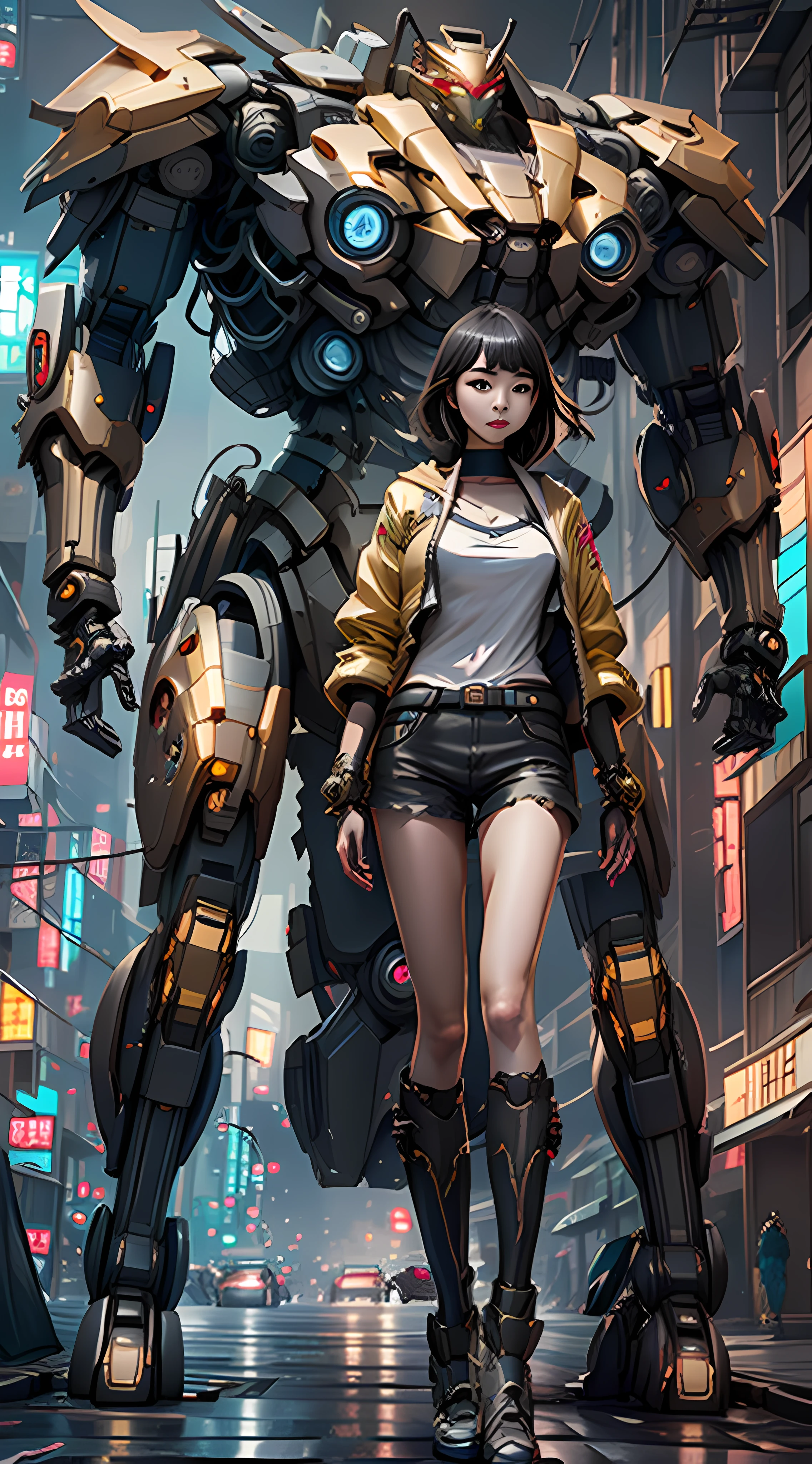 Boutique,best quality,Gold jewelry,(slip out feet),Fairy skin,(Fidelity :1.2),Standing,Super Detailed,realistic,High quality,Movie Light,Ray tracking,Ultra HD,Upper body
Girl in shorts and jacket standing next to giant robot, Guweiz style artwork, CyberPunk mech, Trends on CGSTATION, Guweiz, Russell Dongjun Lu, digital cyberpunk anime art, Ross Tran 8 K, Guweiz on ArtStation Pixiv, Girl in mecha network armor