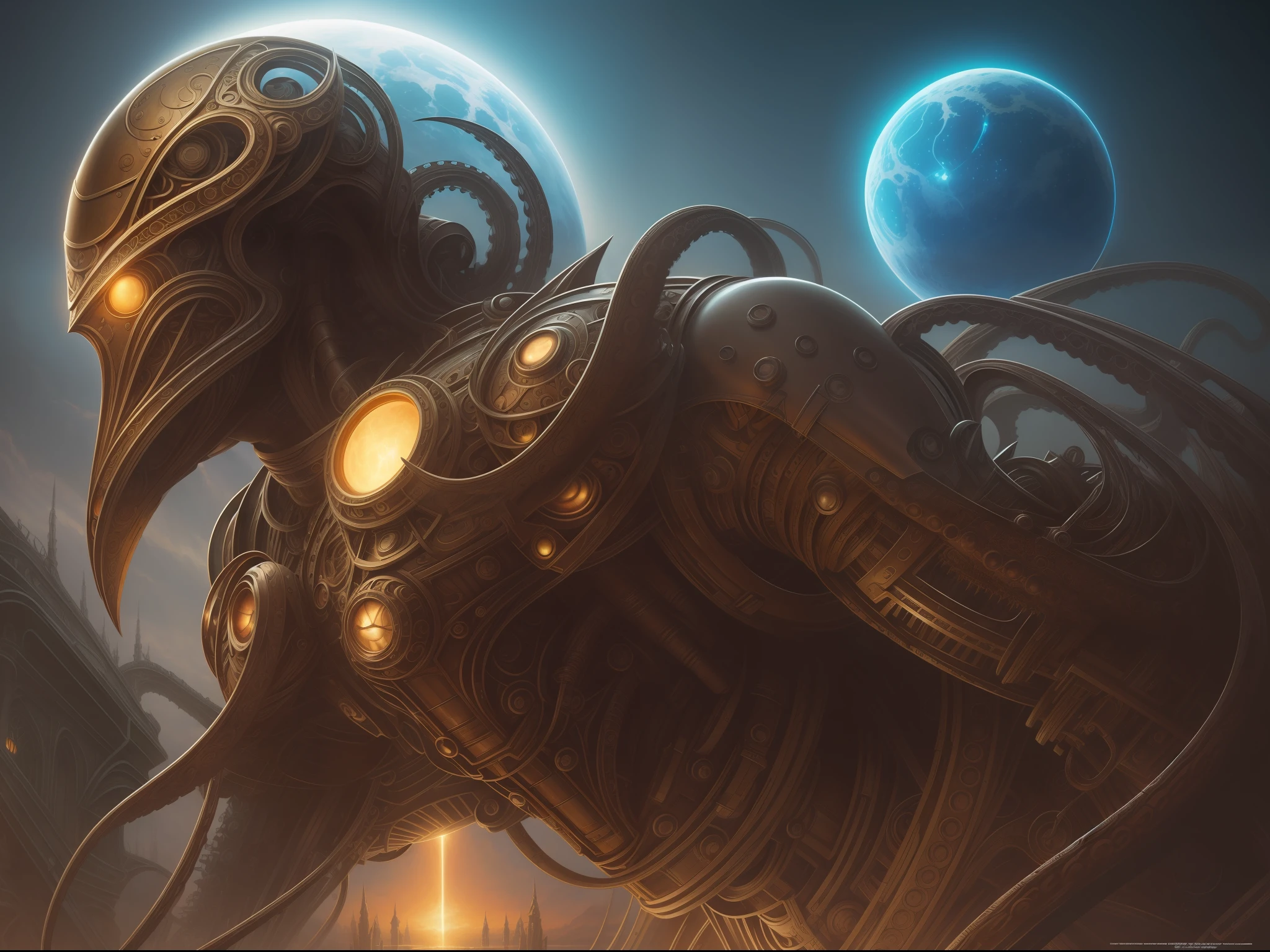 Close-up digital illustration of an anthropomorphic bodybuilder, arte de John Romita, grandes ojos claros, Using intricate futuristic octopus mask, looking camera, CGI realista, Intricate filigree metal design, Bionic Futurism, Trazado de rayos, Scifi, futuristic, distopic, Altamente detallado, Renderizado de octanaje, Kinematic, Ayami Kojima, Karol Bak, Greg Hildebrandt, y Mark Brooks, inquietantemente surrealista, Altamente detallado, Obra maestra intrincada, Atompunk, Maximum texture, Pintura mate, CGSociety, intrincado, epopeya, Artstation, por artgerm, h. r. Giger y Beksinski, Altamente detallado, Vibrante,8K ultra HD