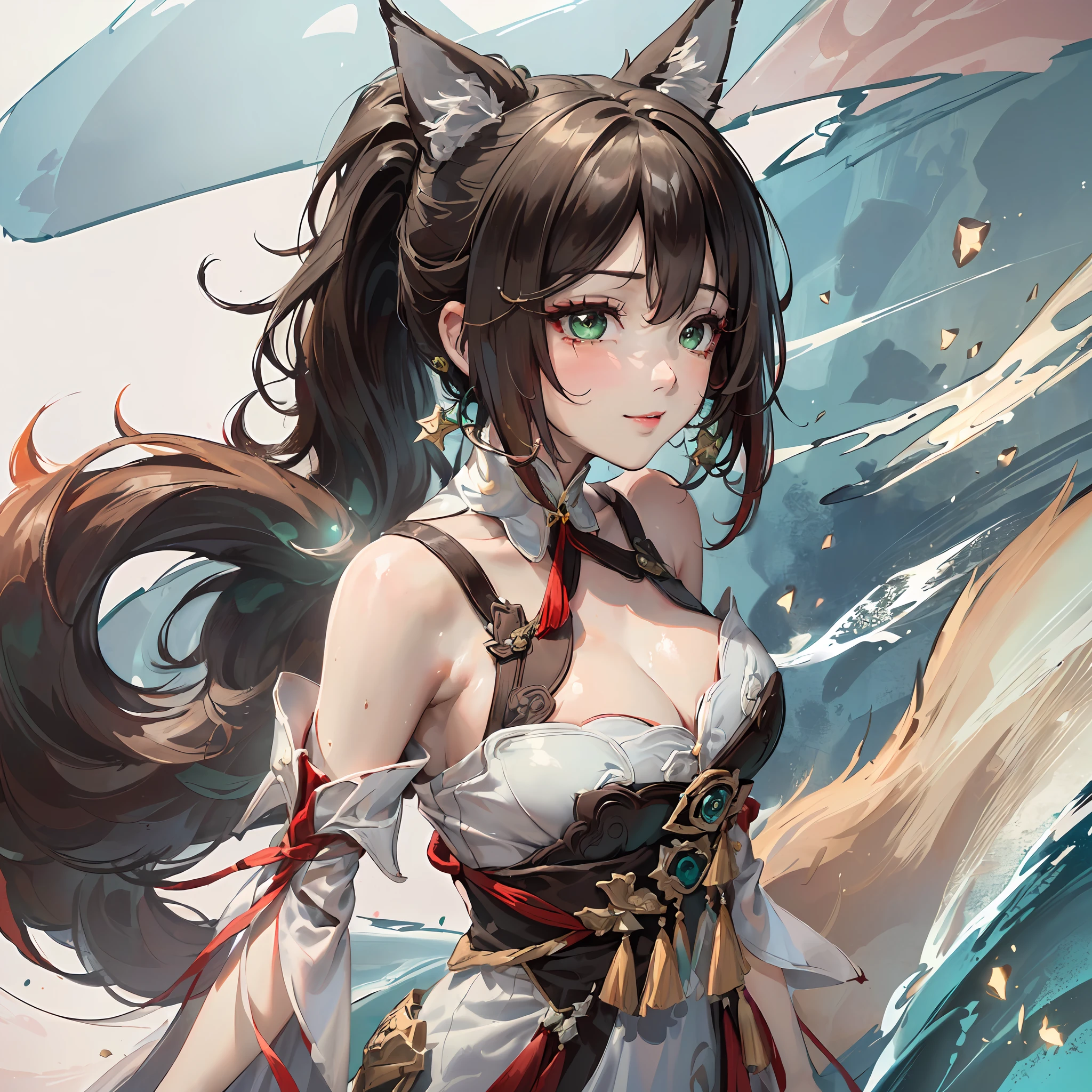 (Dynamic angle,headshot,,sky,water,imid shot, particle effect,artistic effect:1.2), evil smile,(floating and spread hair:1.2), (detailed and delicate and flexible eyes),(1girl,solo,arm, Tingyun (Honkai Star Rail),splash ink,shout,dark brown hair,green eyes,bare shoulders, jewerly, ponytail, medium hair, brown hair, detached sleeves,Big fox ears:1.2), (corrpution:1.15), fov,f/1.8, side lighting, sunlight ,(masterpiece, best quality, Ultra Detail, wallpaper, detailed shiny skin, flawless, 8k, RAW, highres,absurdres,:1.3), (detailed super oily shiny skin:1.1), colorful, power,zhenbanqiao