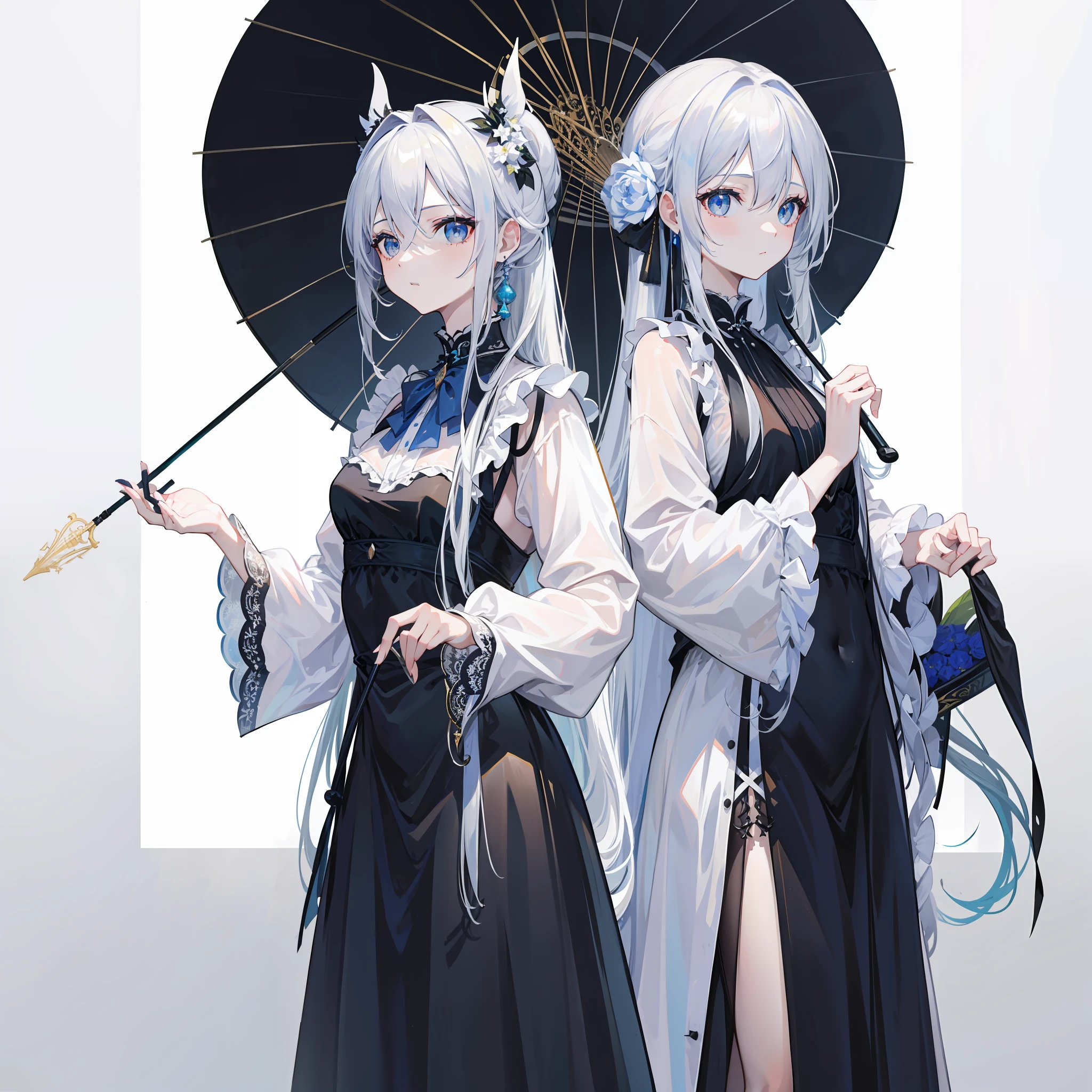 超高分辨率，best qualtiy。Western European classical promenade 1 boy, Long flowing hair alternating silver and black, (Pale skin:1.1), Black evening dress Flowing with an umbrella on the left-hand side, There is a pair of gold-framed glasses, Light blue eyes, Long ponytail, (Place your left hand on the frame:1.2), Looking down, , Rococo