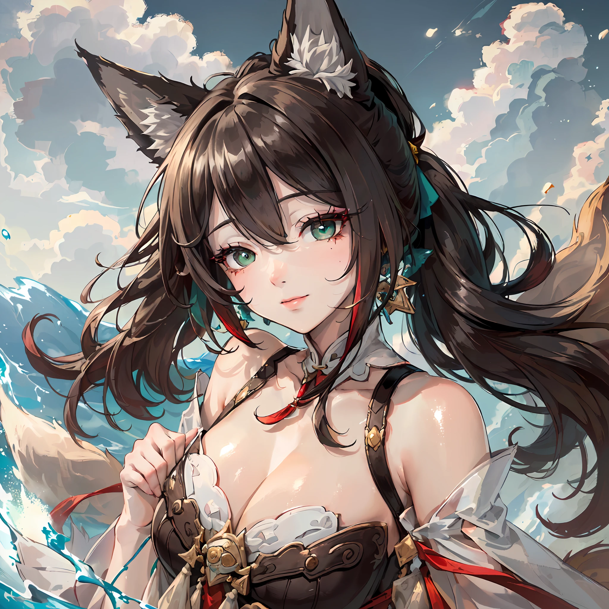 (Dynamic angle,headshot,,sky,water,imid shot, particle effect,artistic effect:1.2), evil smile,(floating and spread hair:1.2), (detailed and delicate and flexible eyes),(1girl,solo,arm, Tingyun (Honkai Star Rail),splash ink,shout,dark brown hair,green eyes,bare shoulders, jewerly, ponytail, medium hair, brown hair, detached sleeves,Big fox ears:1.2), (corrpution:1.15), fov,f/1.8, side lighting, sunlight ,(masterpiece, best quality, Ultra Detail, wallpaper, detailed shiny skin, flawless, 8k, RAW, highres,absurdres,:1.3), (detailed super oily shiny skin:1.1), colorful, power,zhenbanqiao