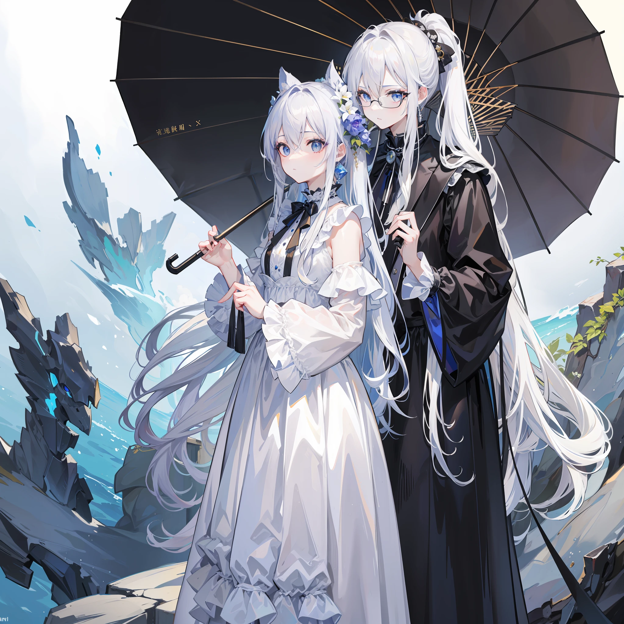 超高分辨率,best qualtiy。Western European classical promenade 1 boy, Long flowing hair alternating silver and black, (Pale skin:1.1), Black evening dress Flowing with an umbrella on the left-hand side, There is a pair of gold-framed glasses, Light blue eyes, Long ponytail, (Place your left hand on the frame:1.2), Looking down, , Rococo