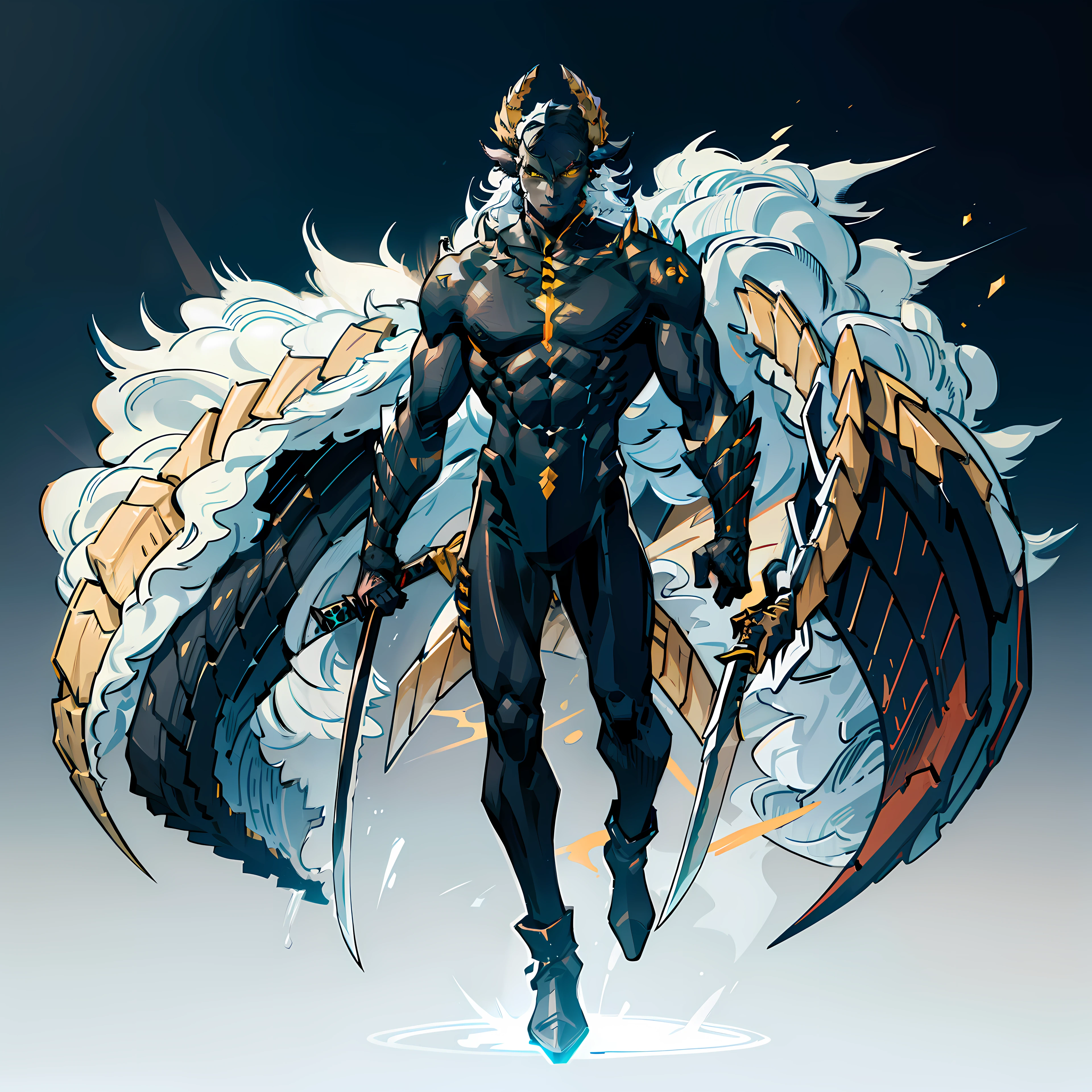 Black, ember, kid, Full body shot, No background, White background, Black skin, Steel-like body, Yellow eyes, Cool, Two horns, hero, skinny, One Person, Upright, Long Japan Sword, wide shot,