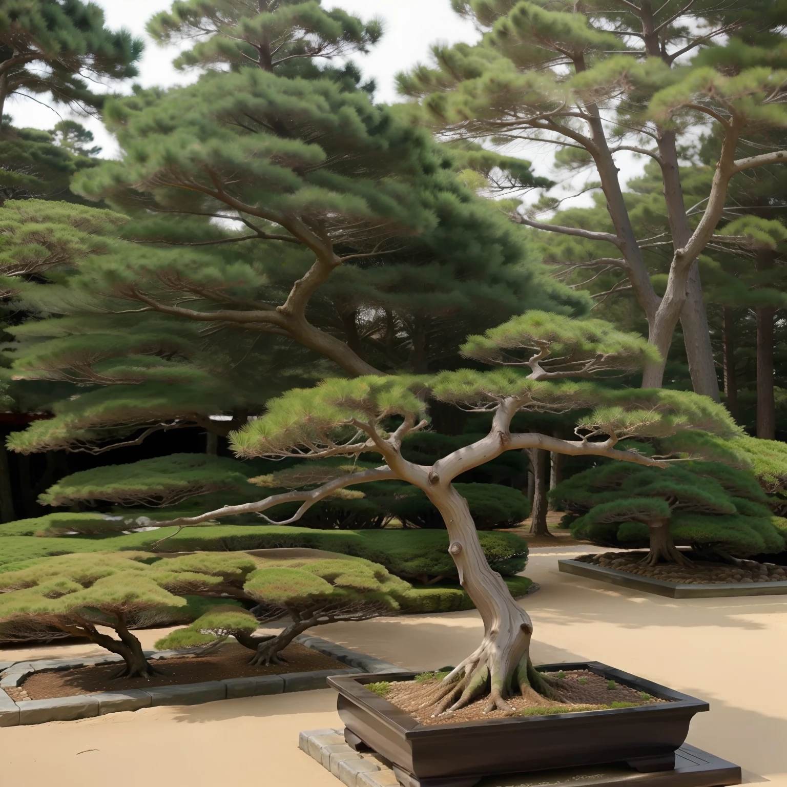 Generate a coast with Japan pine trees in a realistic and realistic way、No need for a person、Pine trees like bonsai、And make the green rich