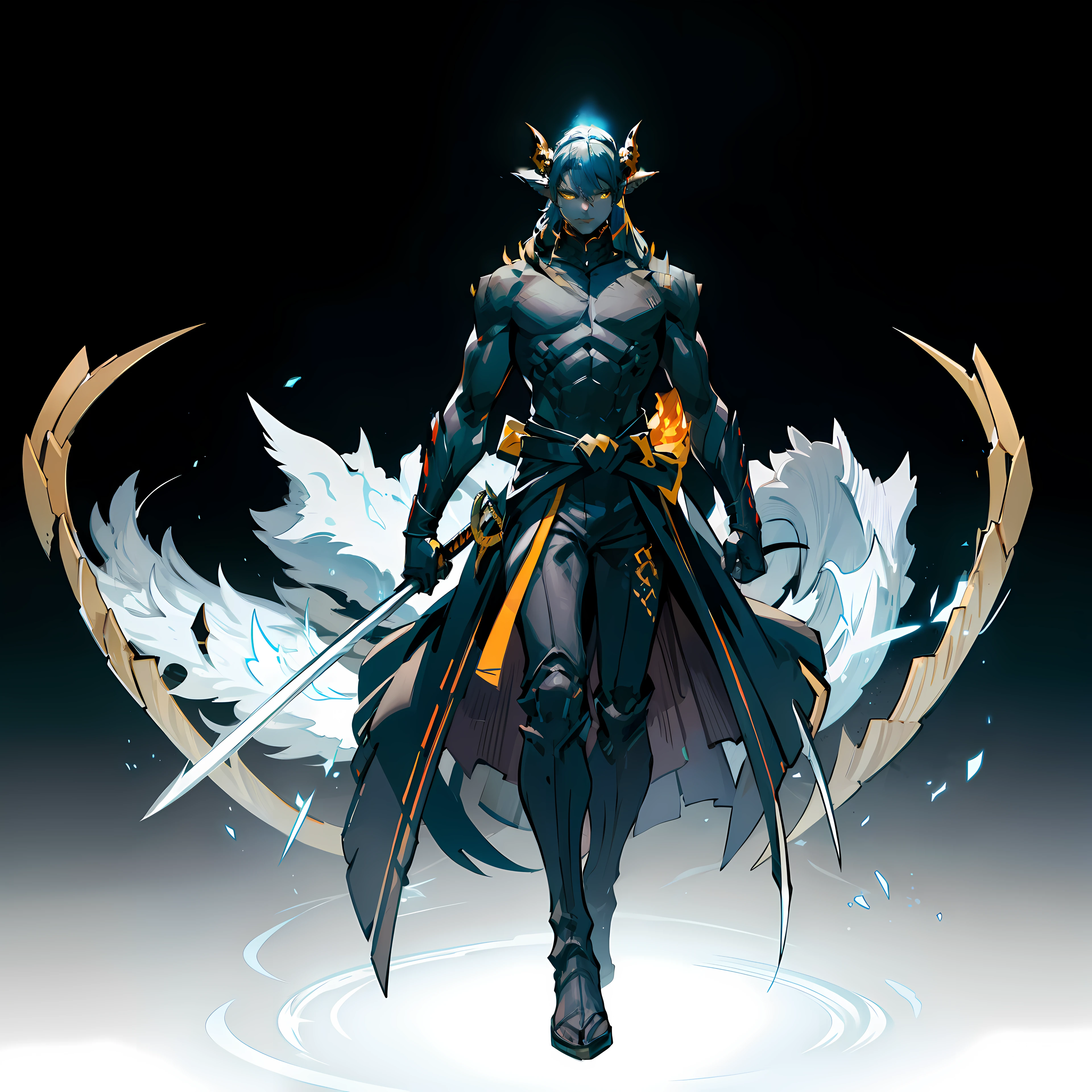 Black, ember, kid, Full body shot, No background, White background, Black skin, Steel-like body, Yellow eyes, Cool, Two horns, hero, skinny, One Person, Upright, Long Japan Sword, wide shot,