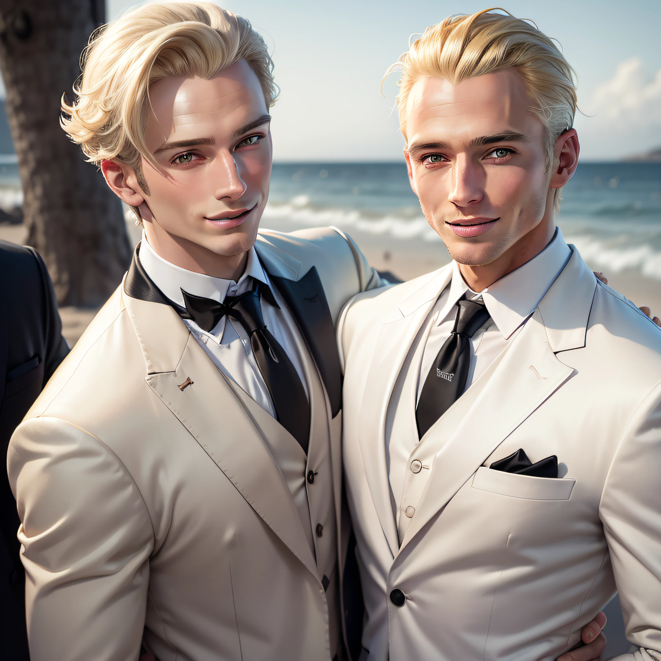 blond man in white jacket, black tie, head shot, looking at the camera, happy smile, big smile, wearing Armani suites 40 year old man , single man , in Spain , seaside background, attractive man, attractive male, blond model, all medium blond hair, high res, , handsome male, brown-eyed man, realistic, spot light