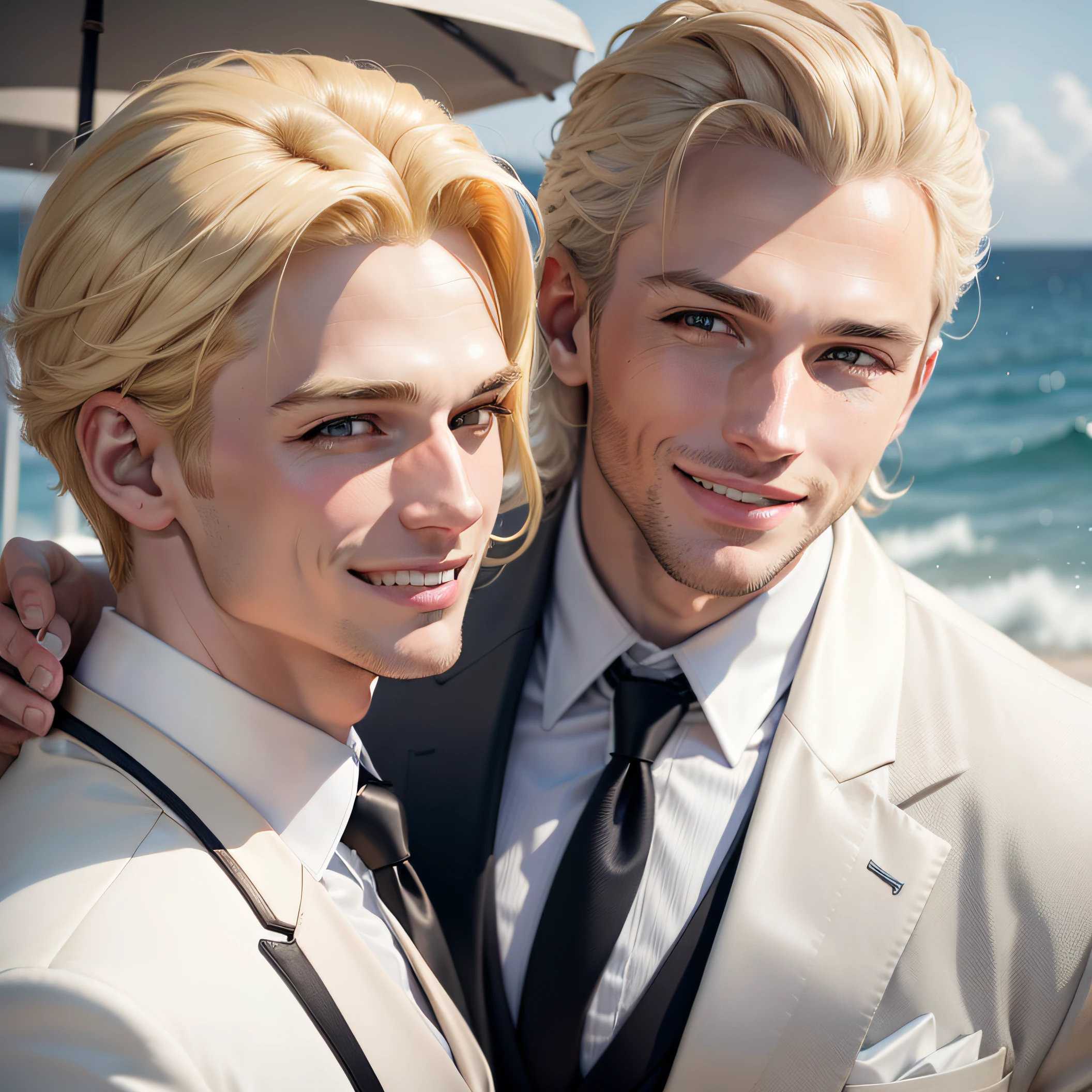 blond man in white jacket, black tie, head shot, looking at the camera, happy smile, big smile, wearing Armani suites 40 year old man , single man , in Spain , seaside background, attractive man, attractive male, blond model, all medium blond hair, high res, , handsome male, brown-eyed man, realistic, spot light