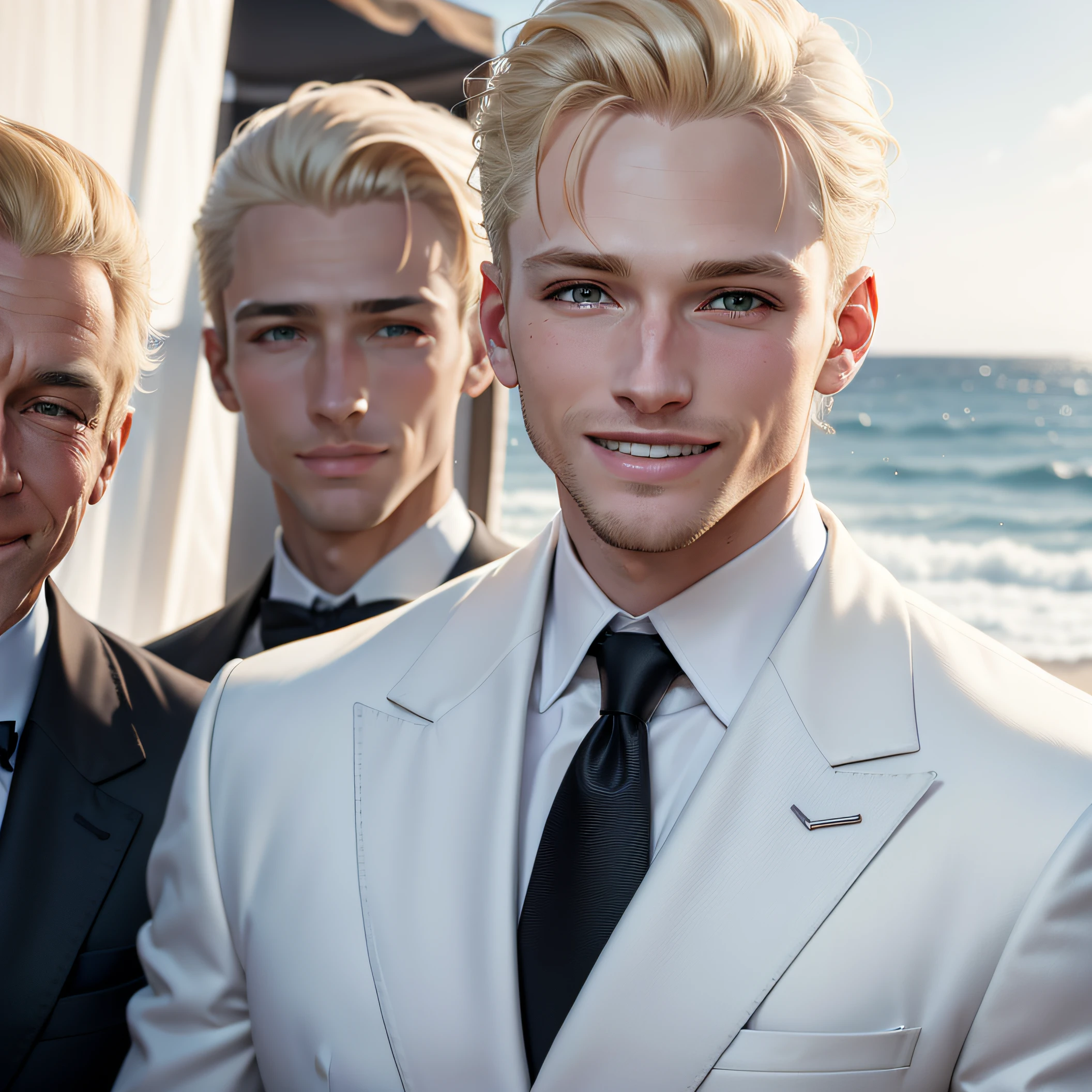 blond man in white jacket, black tie, head shot, looking at the camera, happy smile, big smile, wearing Armani suites 40 year old man , single man , in Spain , seaside background, attractive man, attractive male, blond model, all medium blond hair, high res, , handsome male, brown-eyed man, realistic, spot light
