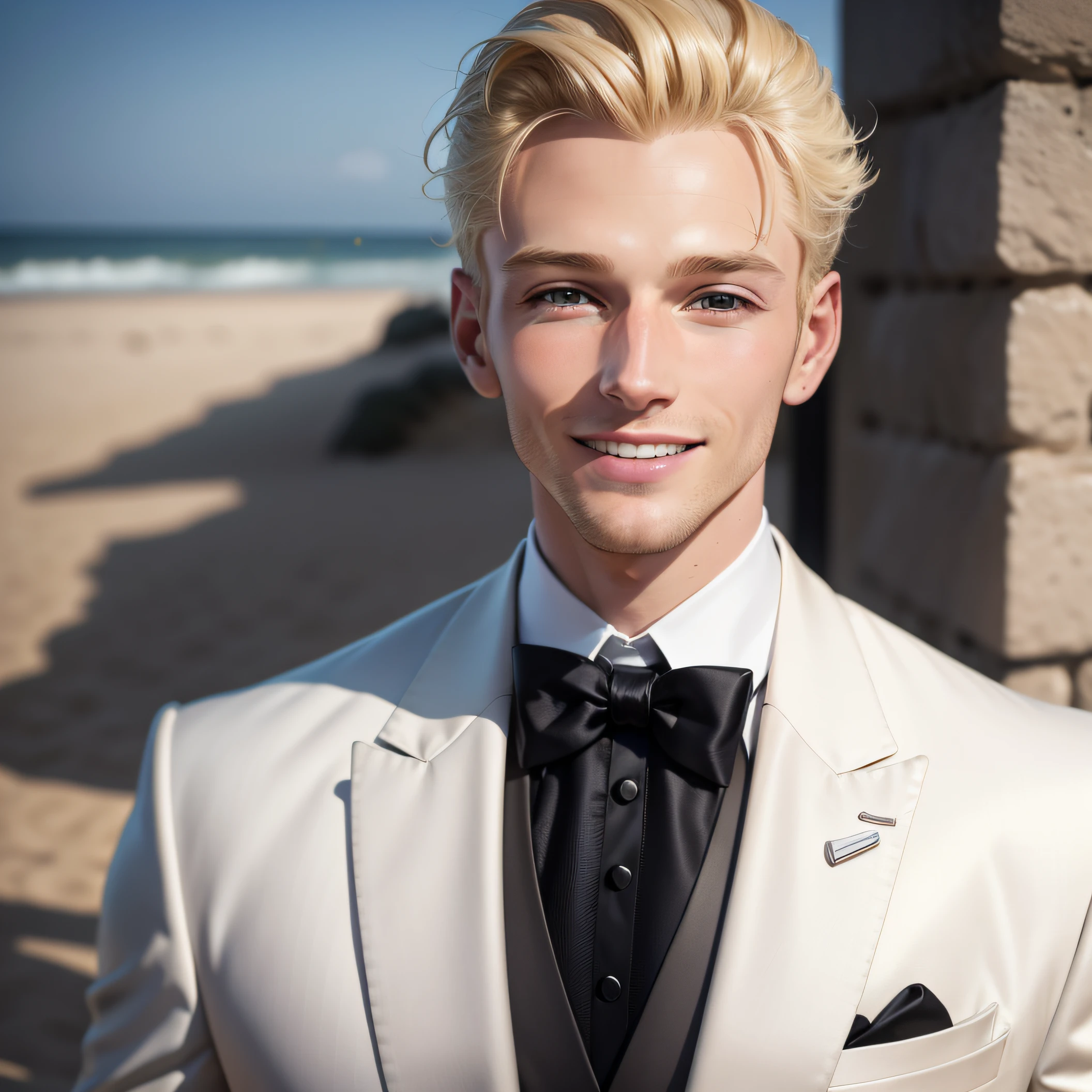 blond man in white jacket, black tie, head shot, looking at the camera, happy smile, big smile, wearing Armani suites 40 year old man , single man , in Spain , seaside background, attractive man, attractive male, blond model, all medium blond hair, high res, , handsome male, brown-eyed man, realistic, spot light