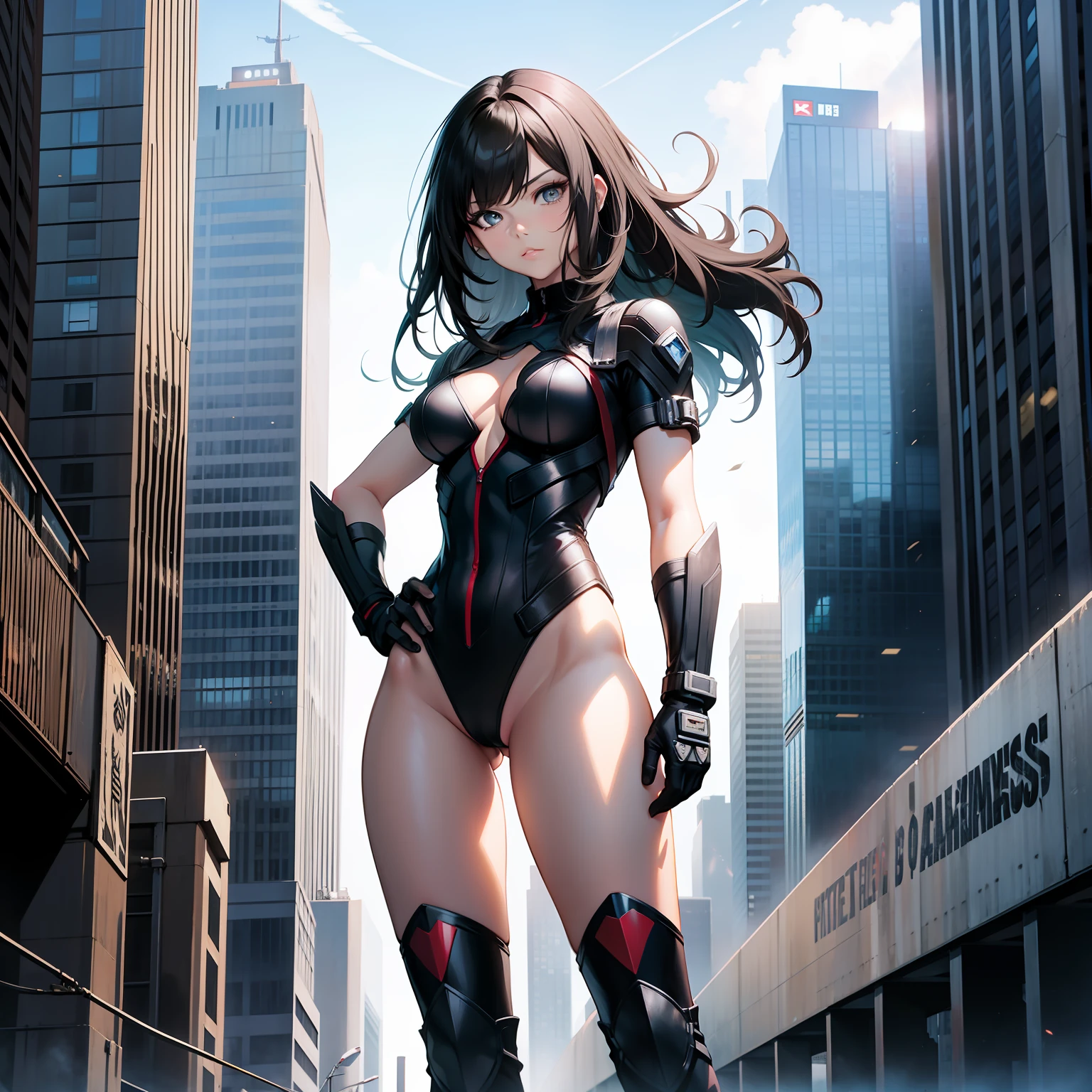 masterpiece, best quality, pretty woman, black hair, superhero, heroic, leotard, bare legs, knee boots, gloves, city backdrop, hands on hip