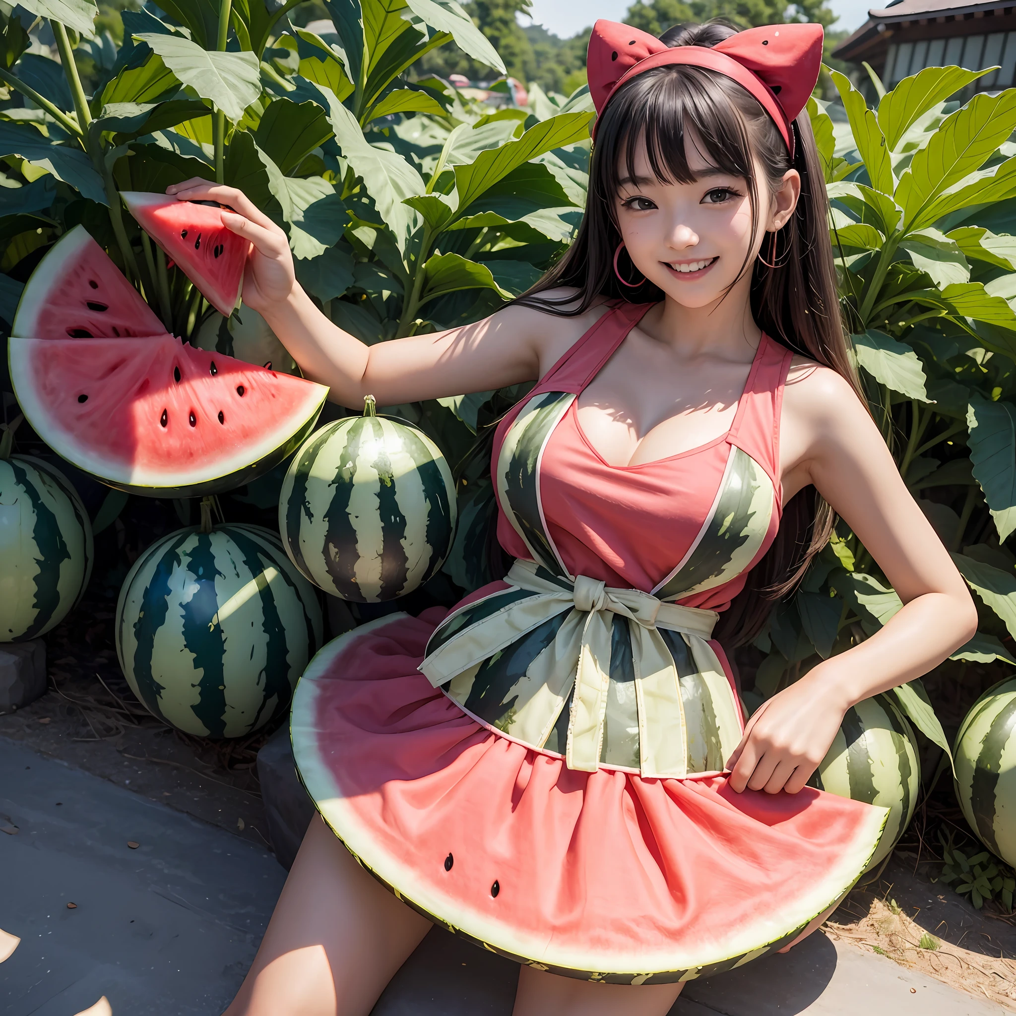 masterpiece、top-quality、realisitic、Photorealsitic、Watermelon-themed paradise、Teenage Japan woman in cute costume with watermelon motif、Watermelon Accessories、Eating watermelon、Surrounded by huge slices of lots of watermelon、Watermelon farm、Bright décor、A smile、Joy、dynamic ungle、动态照明