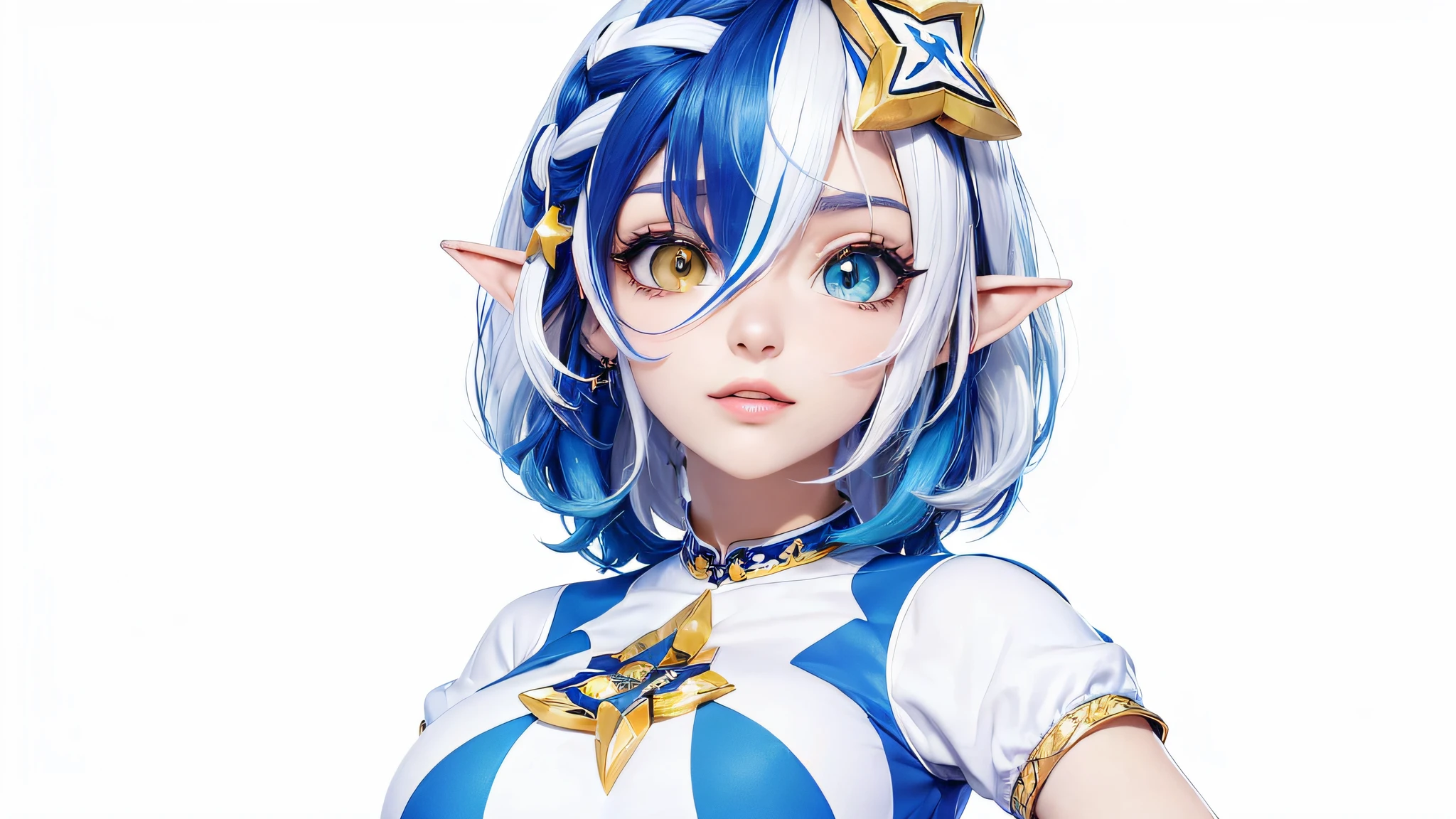 (((Estilo jesse lulm vtuber)))(((uma garota realista perfeita extremamente bonita))), (((grandes bustos))), (((cor dos olhos um em amarelo e outro em azul))), (((orelha de elfo))), (((cabelos brancos e azuis))) and a star on his head, retrato do personagem de Muqi, Vencedor do concurso Polycount, Rayonismo, Arte Oficial, Booru, ultra-detalhado