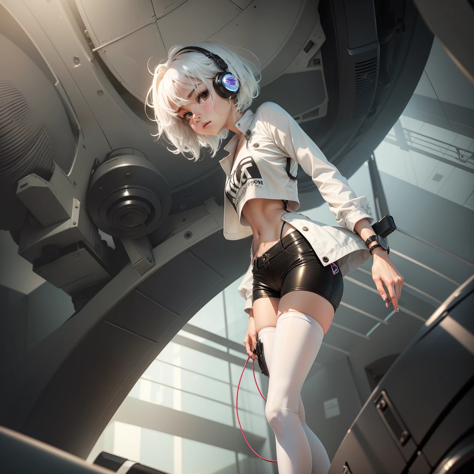 {{{{tmasterpiece}}}}, {{{ultra - detailed}}}, {{{High- sharpness}}}, {{Good anatomy}}, (((best qualtiy))), ((very fine and beautiful))teens girl,with short white hair,Long legs,hot pant,leg loops,Earphone,Issuing
