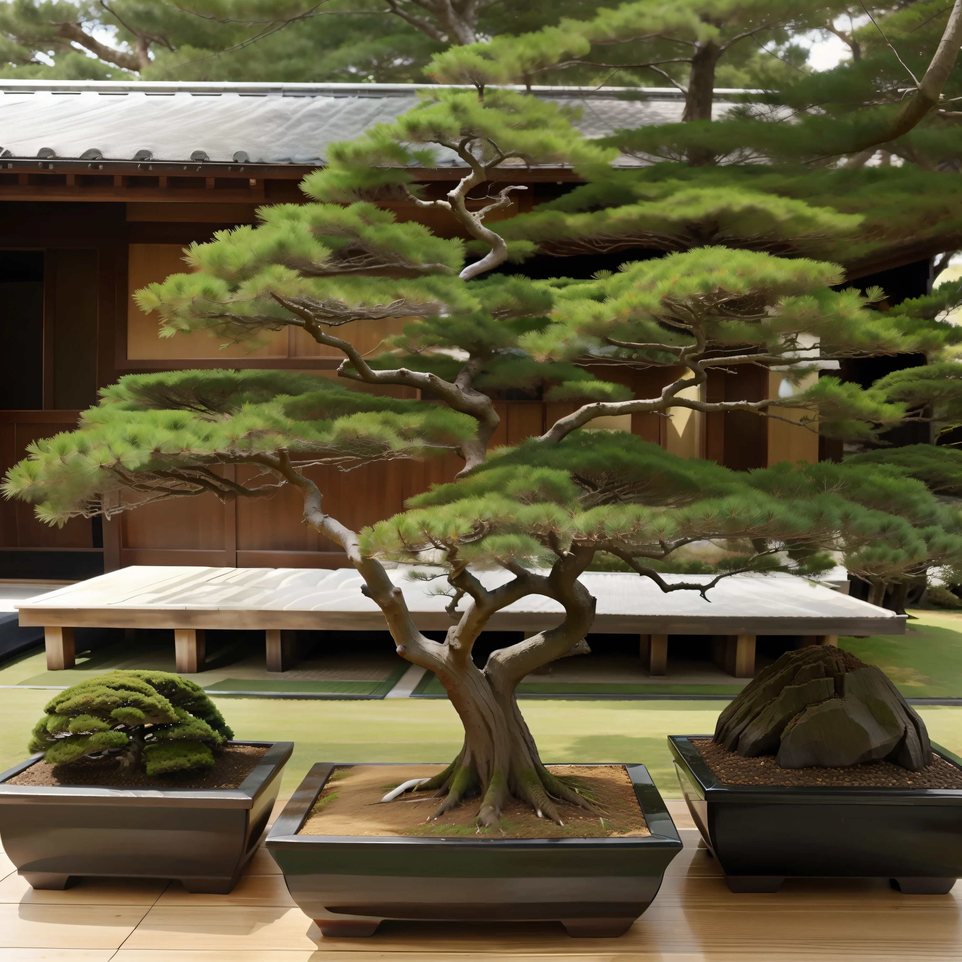 Generate a coast with Japan pine trees in a realistic and realistic way、No need for a person、Pine trees like bonsai、And make the green rich