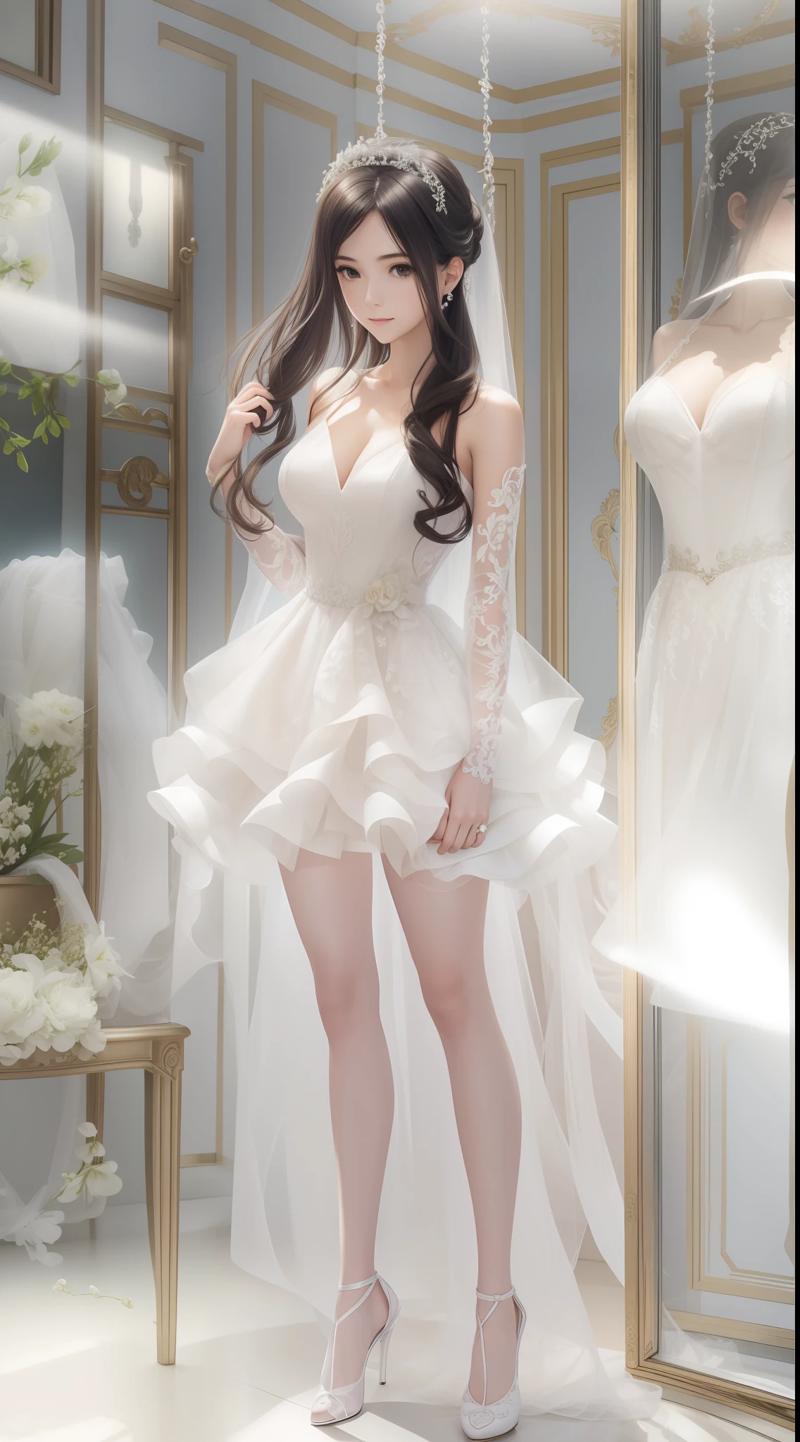 Wedding dress on light mannequin rack,Translucent tulle,elegant white dress,Romantic white dress,Embroidered with golden flowers,Backlight,Tifa tt tifa
Perfect facial features,Static posture,Girl in bed,White wavy hair,Fun without lingerie,Bigchest,Long legs,Delicate abs,Exquisitehands,blackstockings,pantyless,Blurred,,Moving,Seduce young women,Coordinated limbs,perfect body figure