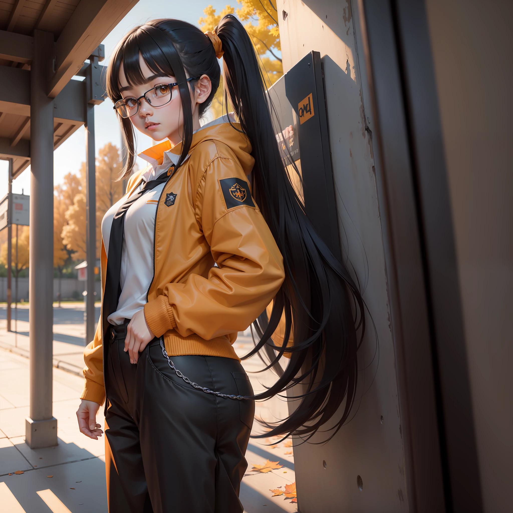 High quality official painting 8k wallpaper Very detailed illustration Face optimization Hand optimization Face optimization Foot optimization Leg optimization A 14-year-old Chinese girl with only two legs Black hair Medium long hair Double ponytail Pale yellow face Delicate eyes Wearing silver round glasses Sad expression Wearing junior high school uniform:The upper body is an orange-red jacket，The lower body is pure black autumn pants Restrained demeanor Standing posture Soft light Normalization of the character's face Dark light Cool color Holding a ballpoint pen Second-person perspective The background is the school gate The gate is centered，Two trees on either side，The time is autumn